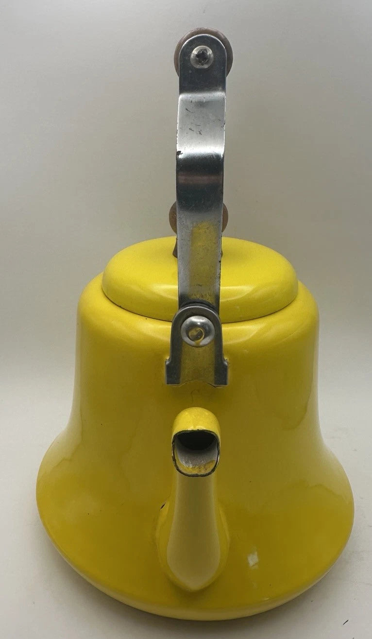 Vintage Yellow Enamel MCM Teapot With Wood Handle Has Some Patina See Pics | eBay