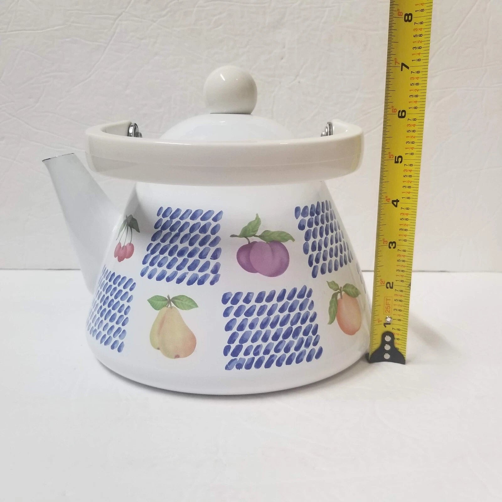 White Enamel Teapot Fruit Pear Cherries Plum Peach Blue 2 Qt Decorative Tea Pot | eBay