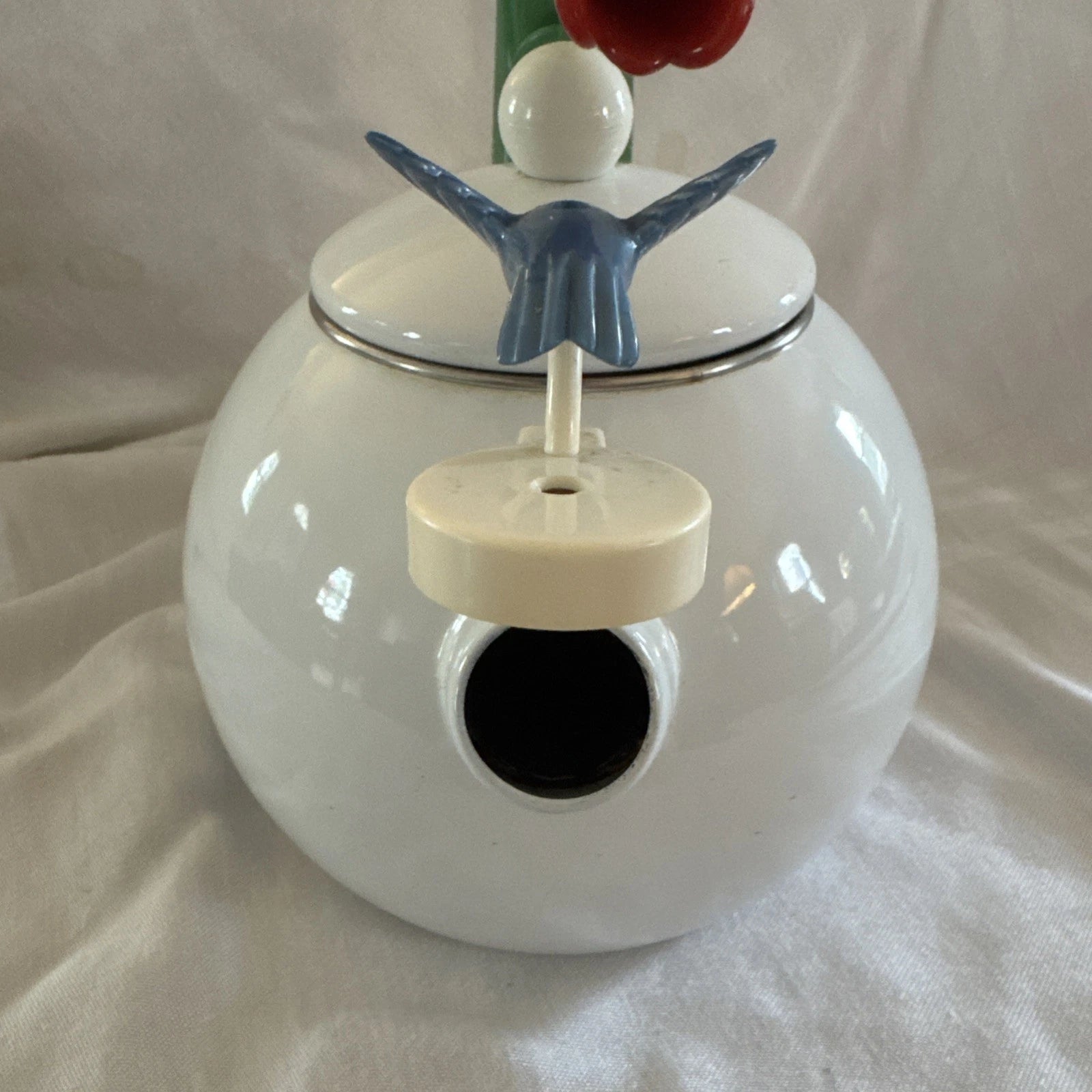 VTG Ancona White Enamel Tea Kettle Blue Hummingbird Red Tulips Teapot Whistles | eBay