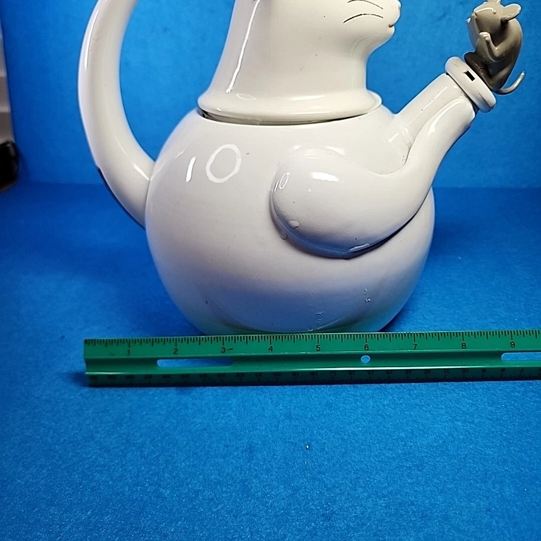 Vtg Enamelware Teapot Cat Mouse Whistling Tea Kettle White Tail Handle Enamel | eBay