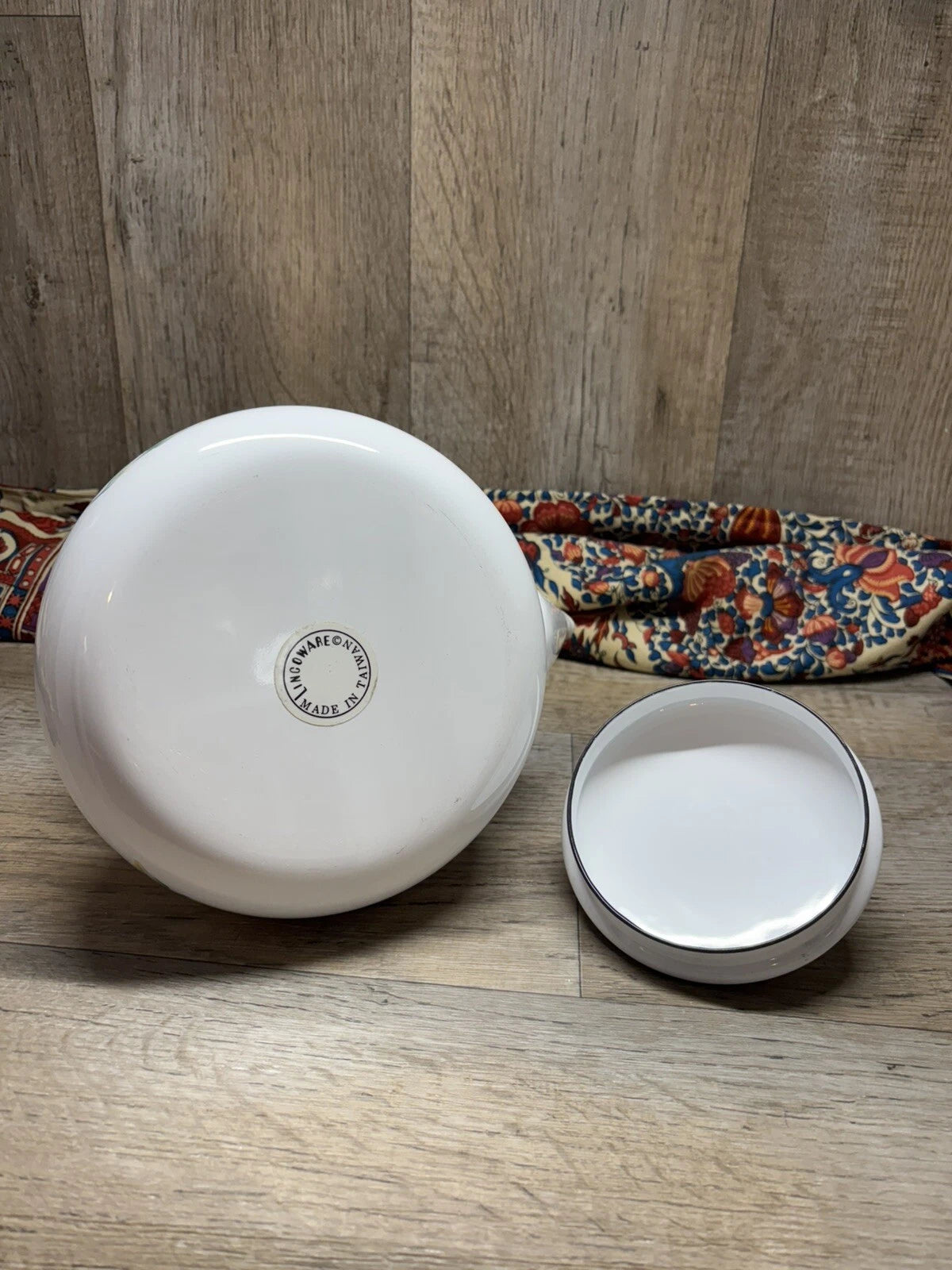 Vtg Enamel Lincoware Tea Pot / Kettle White w/ Pansy Flowers Wood Handles | eBay