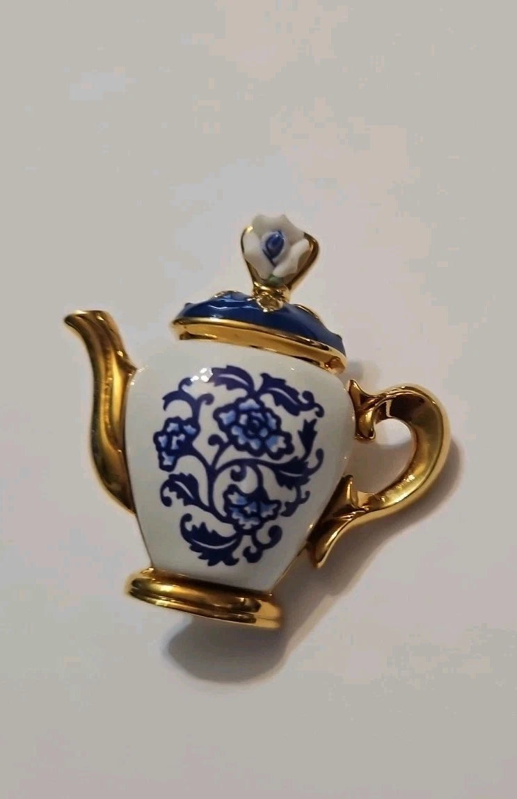 VTG Teapot Gold Tone Blue Porcelain Rose Enamel Cab Brooch Granny Cottage Core | eBay