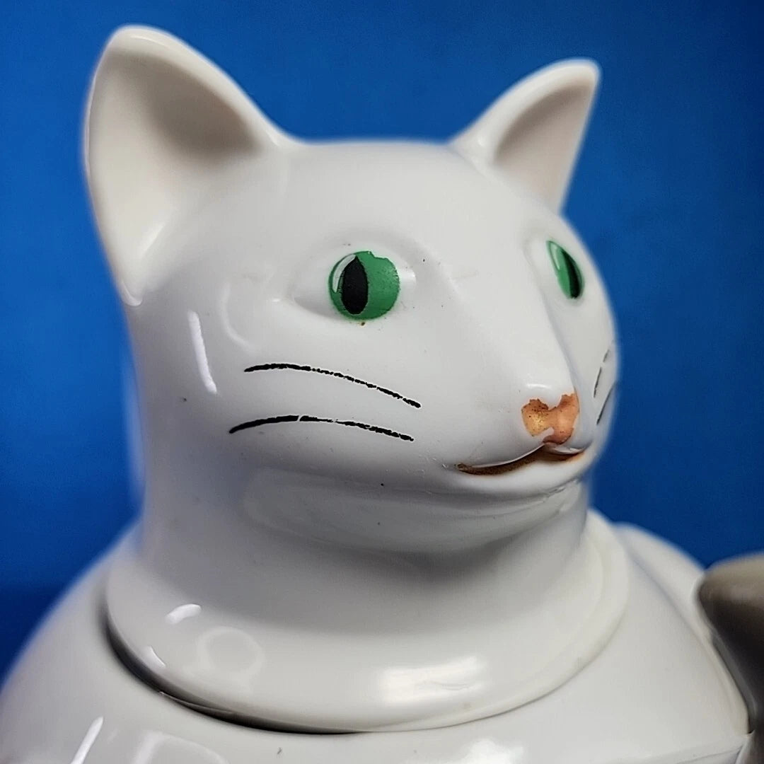 Vtg Enamelware Teapot Cat Mouse Whistling Tea Kettle White Tail Handle Enamel | eBay