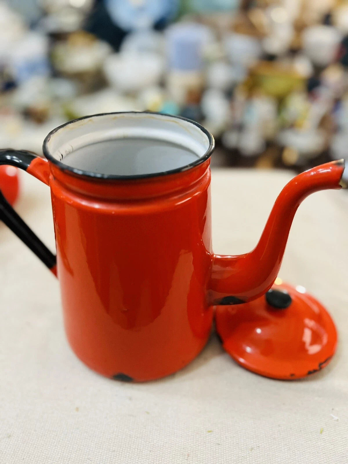 Vintage Red Enamel Teapot 9" Metal Enamelware Farmhouse Country Japan | eBay