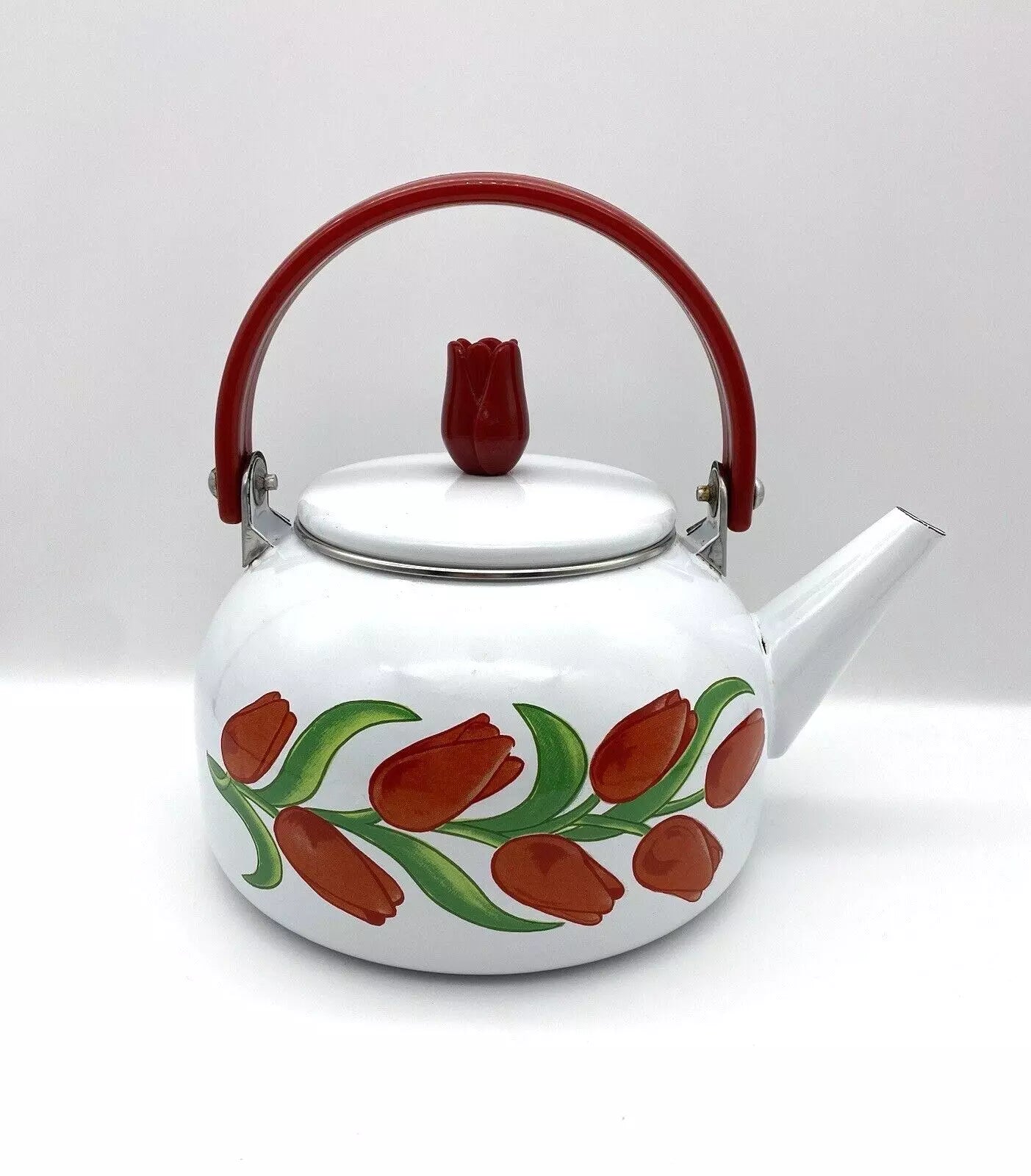 VTG Red Tulips Flowers CottageCore Kitsch Enamel Tea Kettle Red Handle Tea Pot | eBay