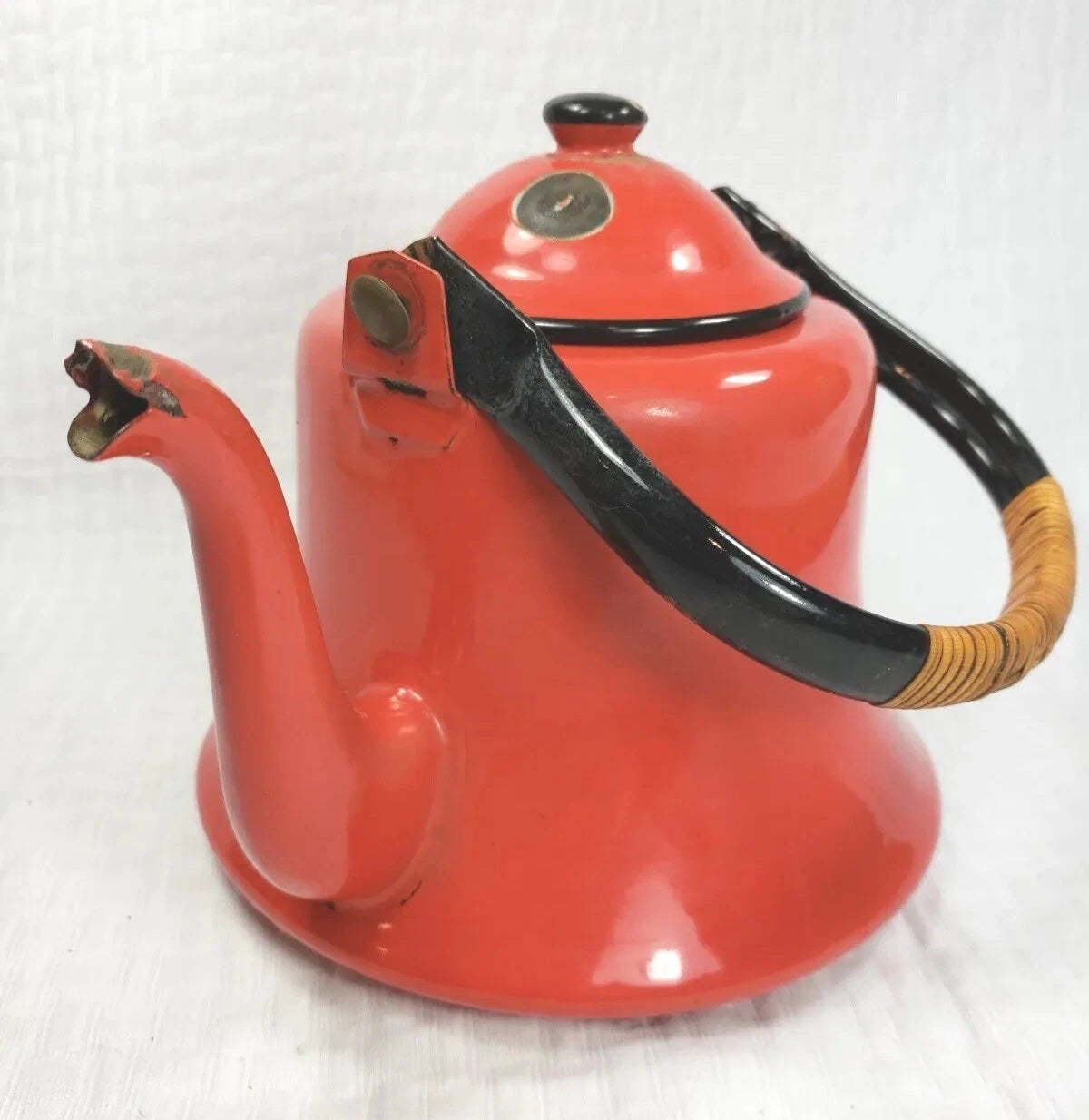 VTG Retro Asahi Japan Red Enamelware Tea Pot Kettle Rattan Wrap Handle | eBay
