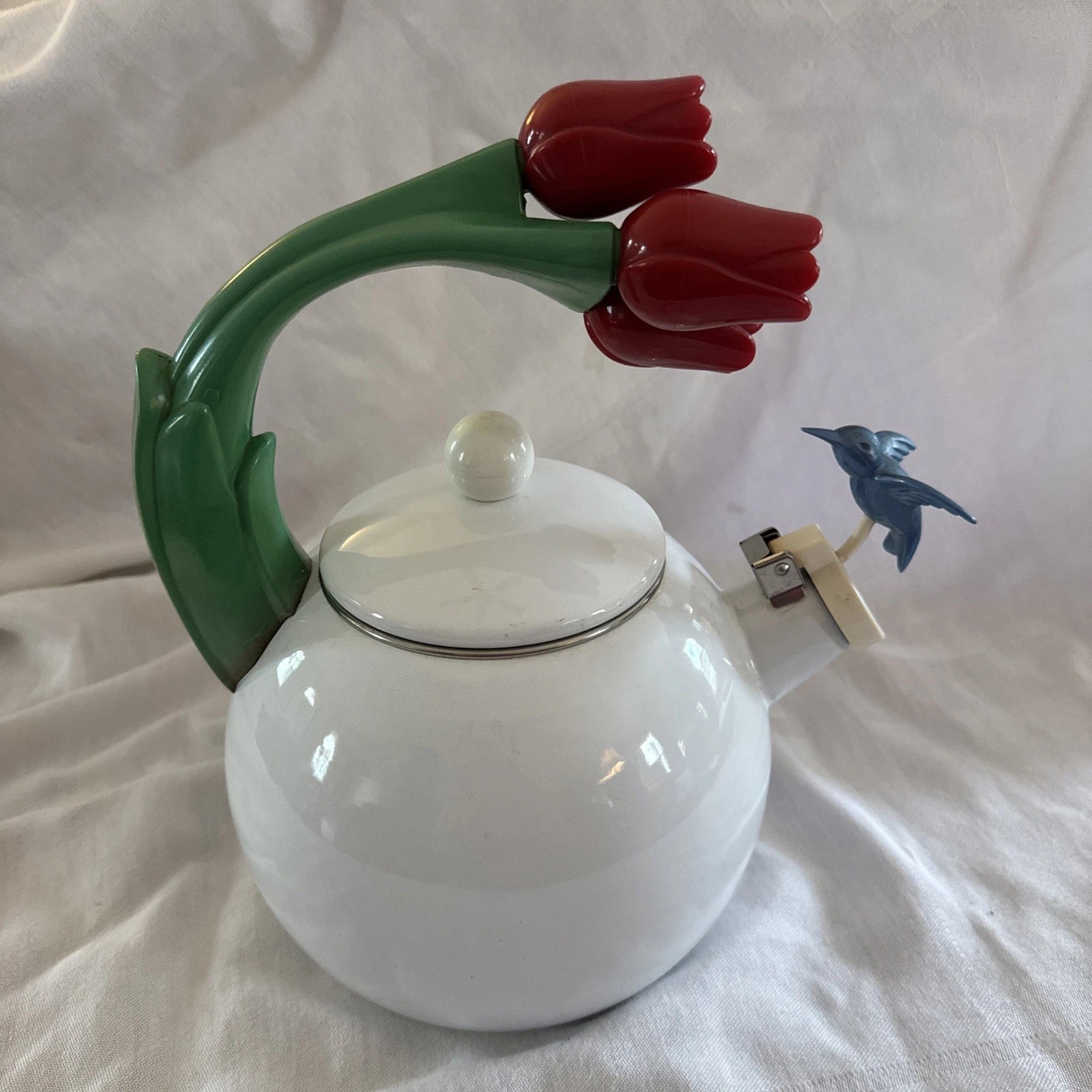 VTG Ancona White Enamel Tea Kettle Blue Hummingbird Red Tulips Teapot Whistles | eBay