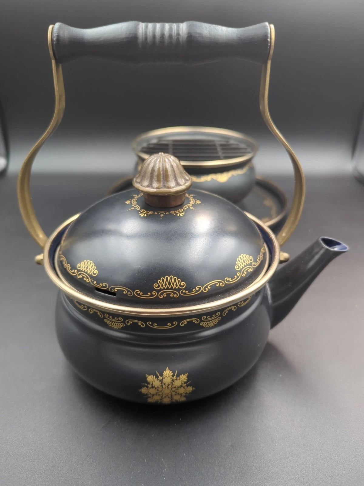 Vntage ASTA Fissler Enamelware Teapot and Warmer Set Black With Gold Trim | eBay