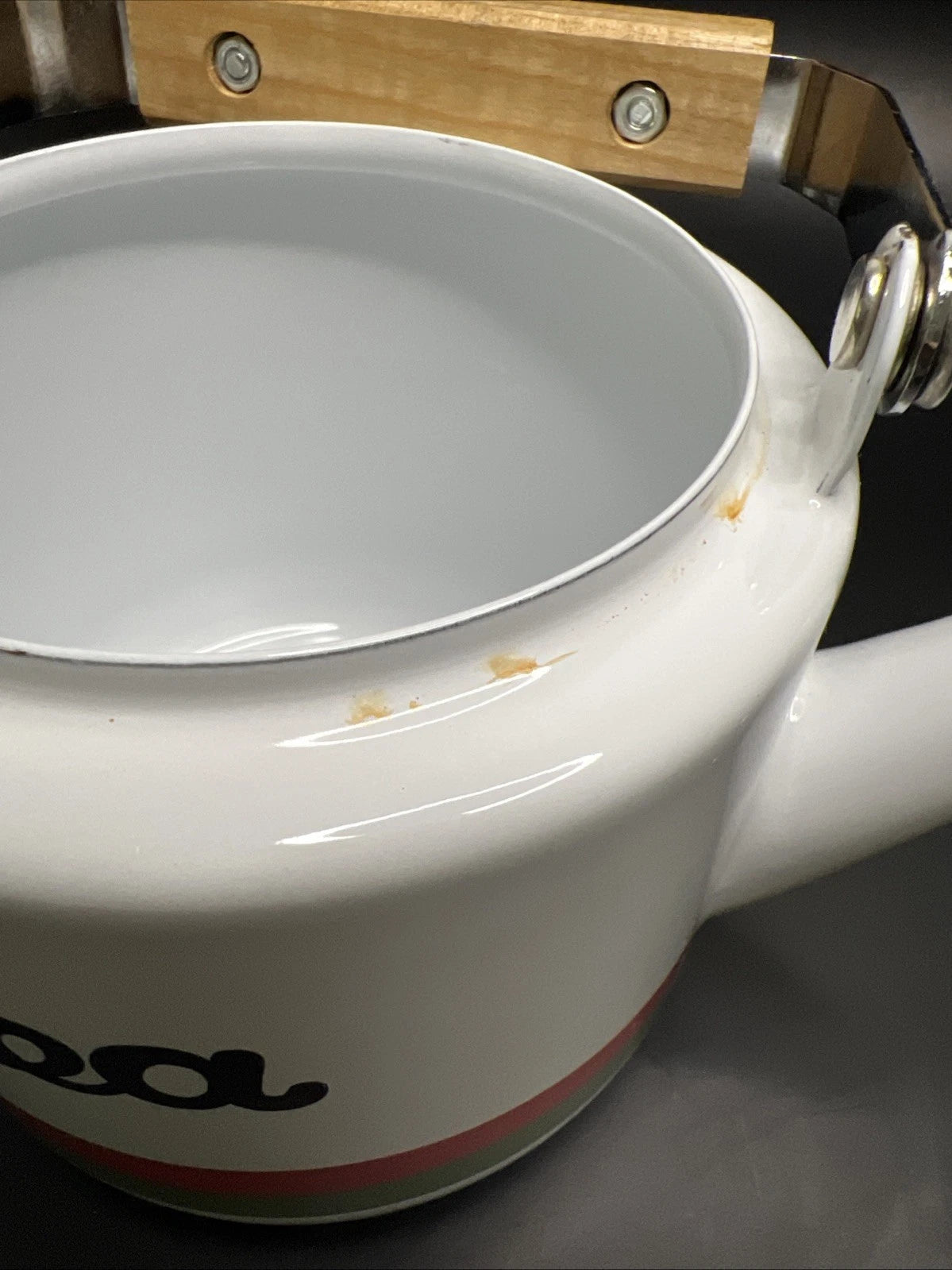 Vintage Japan White Enamel Teapot Kettle Red/Green Stripes Wooden Knob Handle | eBay