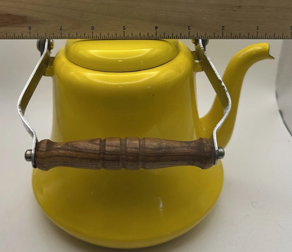 Vintage Yellow Enamel MCM Teapot With Wood Handle Has Some Patina See Pics | eBay