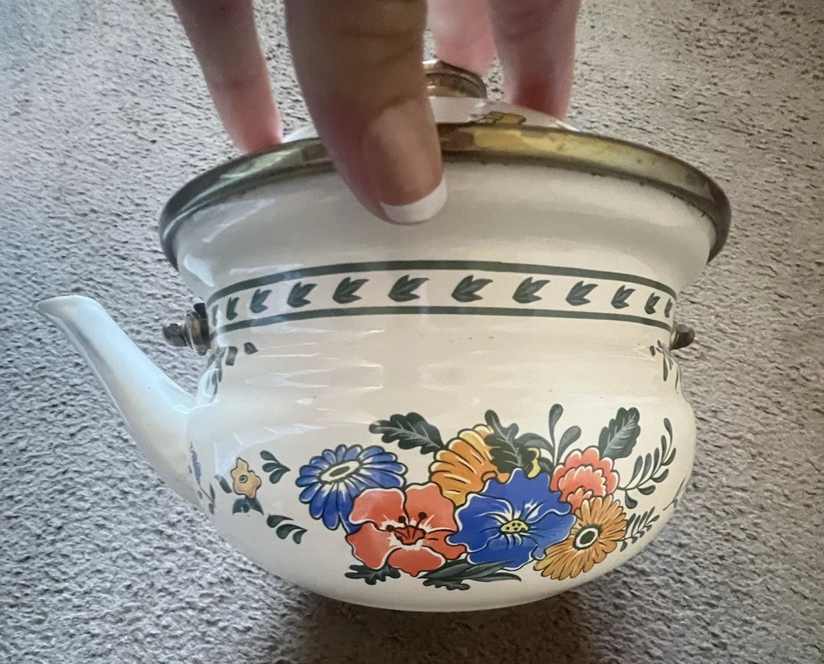 VTG M. KAMENSTEIN ENAMEL FLORAL TEAPOT/KETTLE W BRASS & WOOD HANDLE | eBay