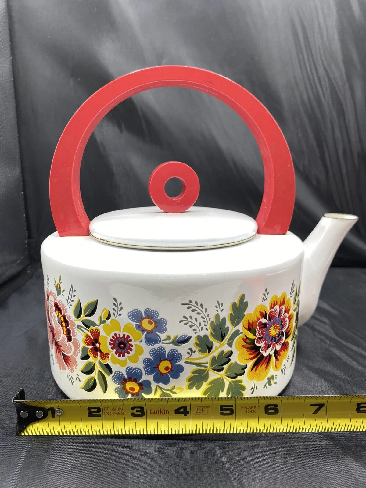 Enamel TEAPOT Kettle Floral Mid-Century Modern Red Round Handle Vintage | eBay