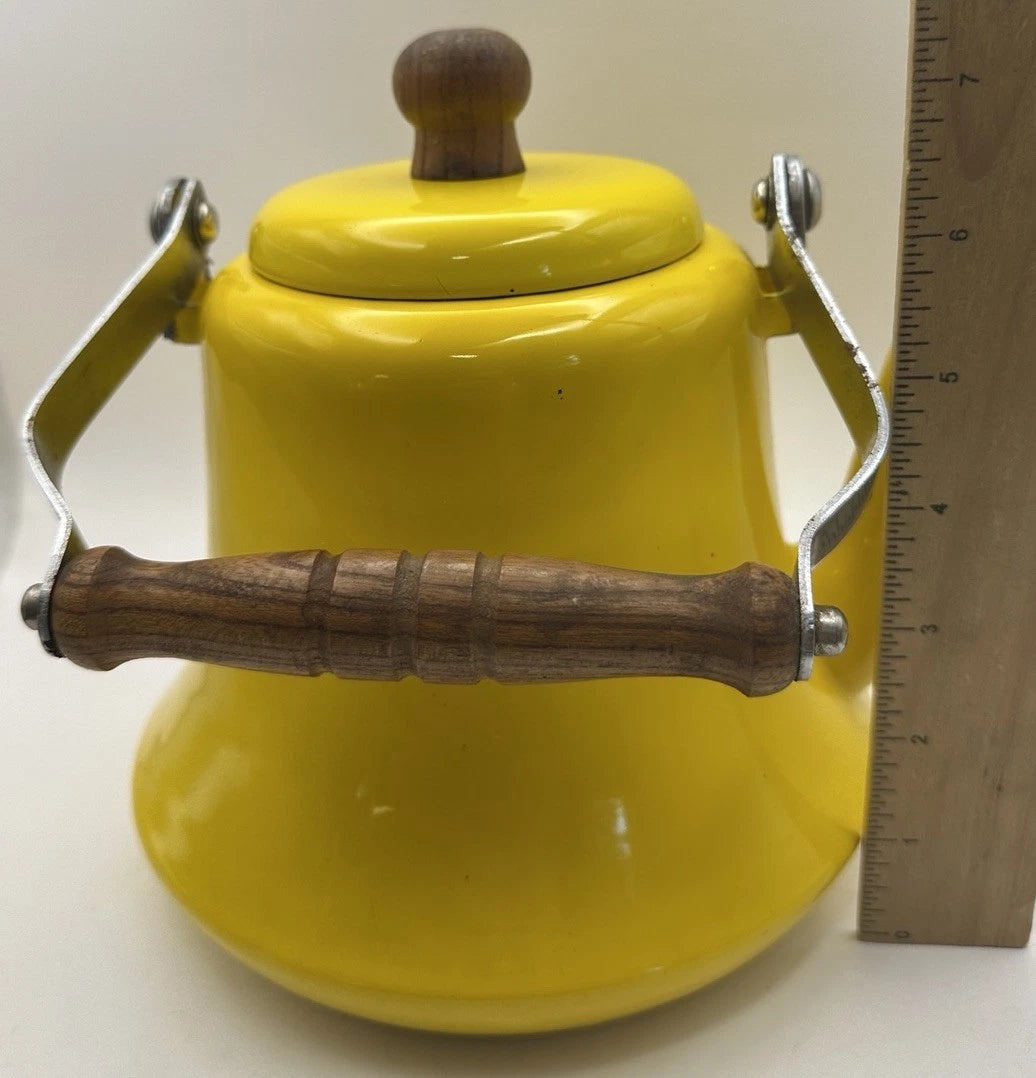 Vintage Yellow Enamel MCM Teapot With Wood Handle Has Some Patina See Pics | eBay
