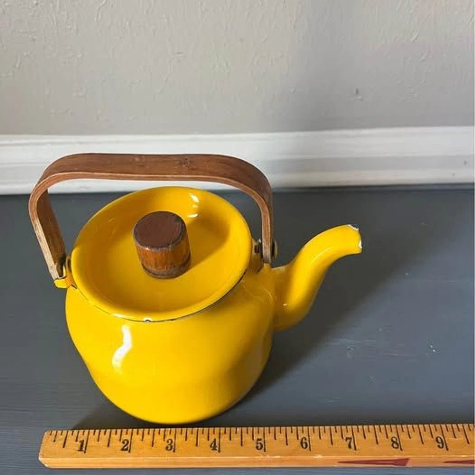 Vintage MCM Yellow Enamel Teapot with Teak Handle and Knob | eBay