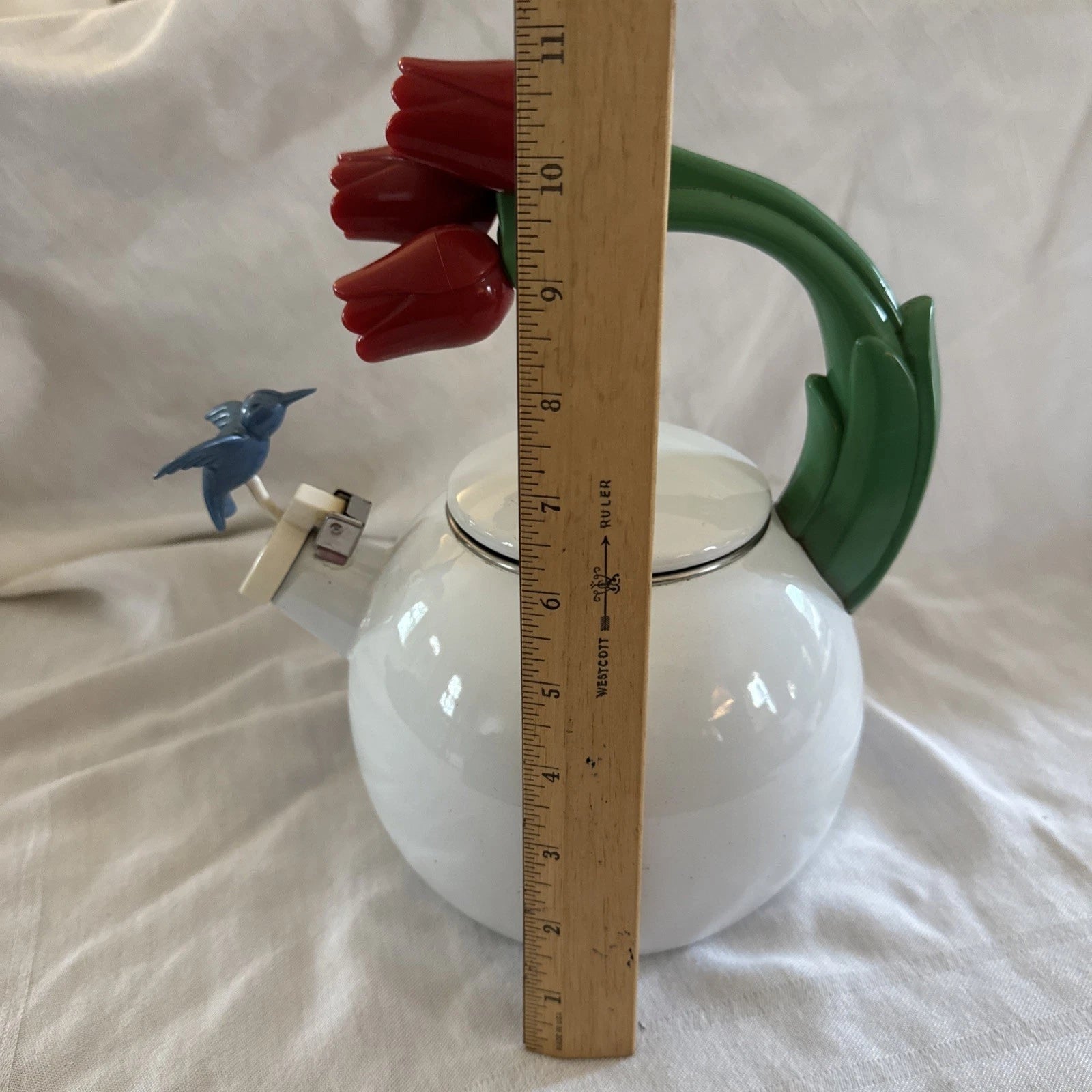 VTG Ancona White Enamel Tea Kettle Blue Hummingbird Red Tulips Teapot Whistles | eBay