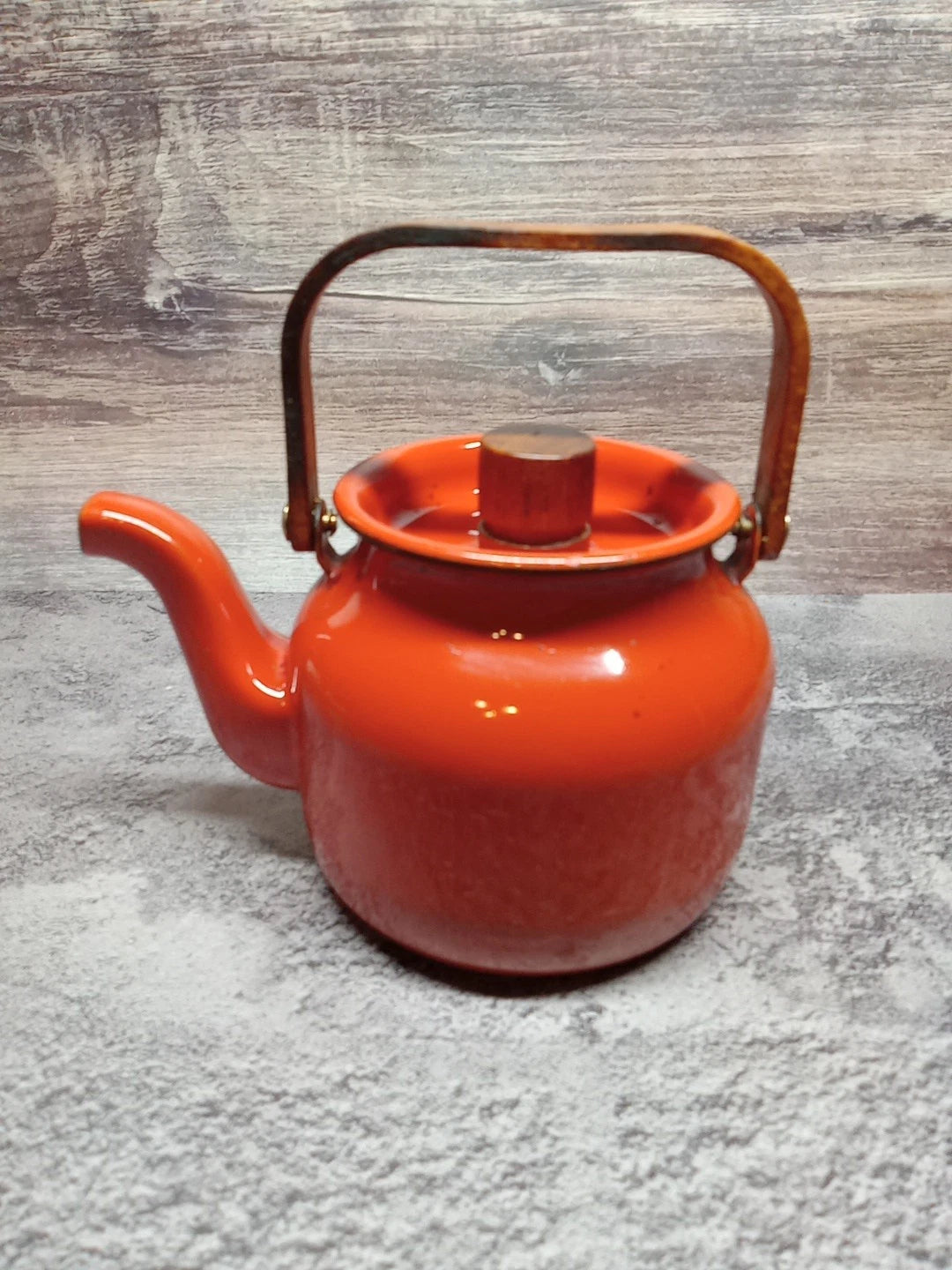Vtg MCM Tea Kettle Teapot Enamel Wood Handle w/ lid RUST ORANGE | eBay
