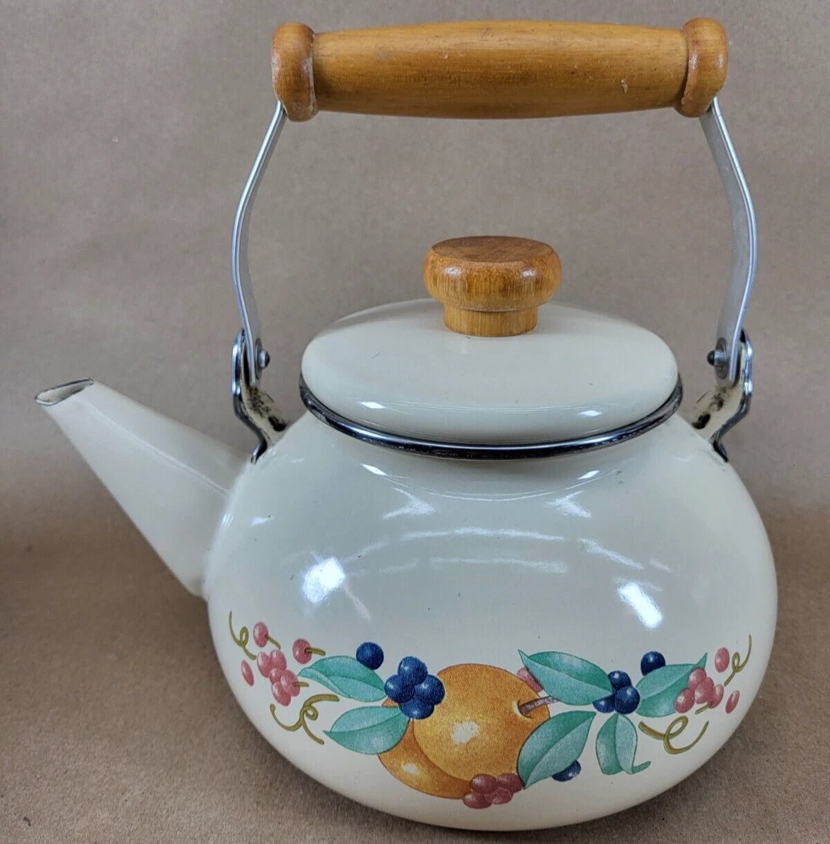 Vintage Lincoware Off White Cream Enamel Metal Fruit Motif Teapot Tea Kettle | eBay