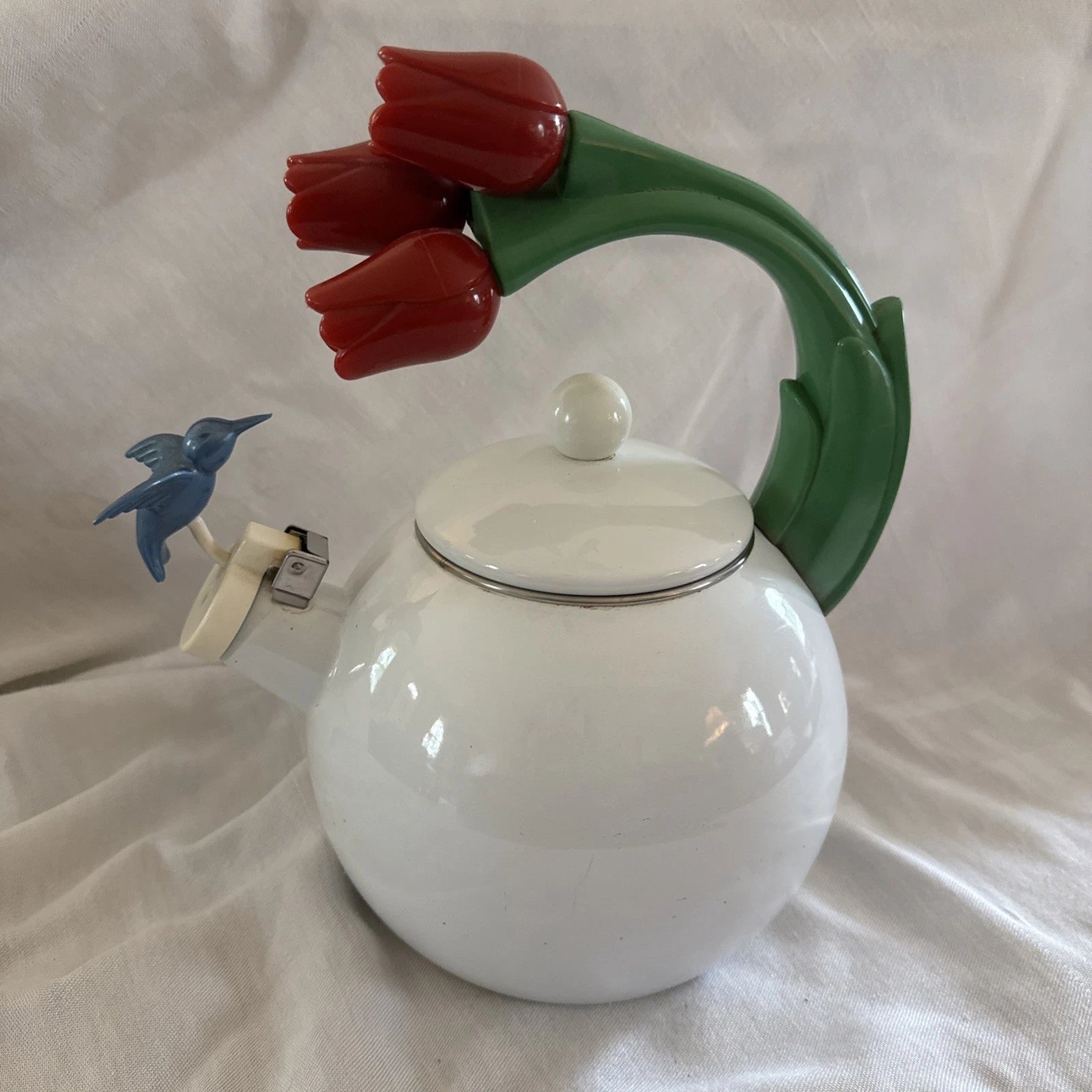 VTG Ancona White Enamel Tea Kettle Blue Hummingbird Red Tulips Teapot Whistles | eBay