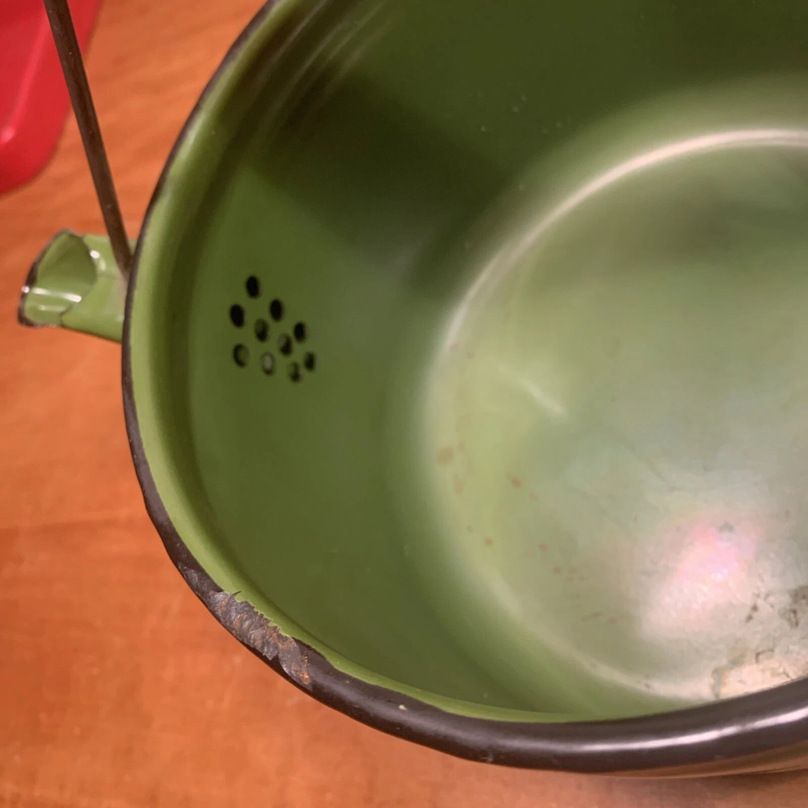 Vintage Farmhouse Enamelware Lidded TeaPot Olive w/ Black Trim, Wood Handle | eBay