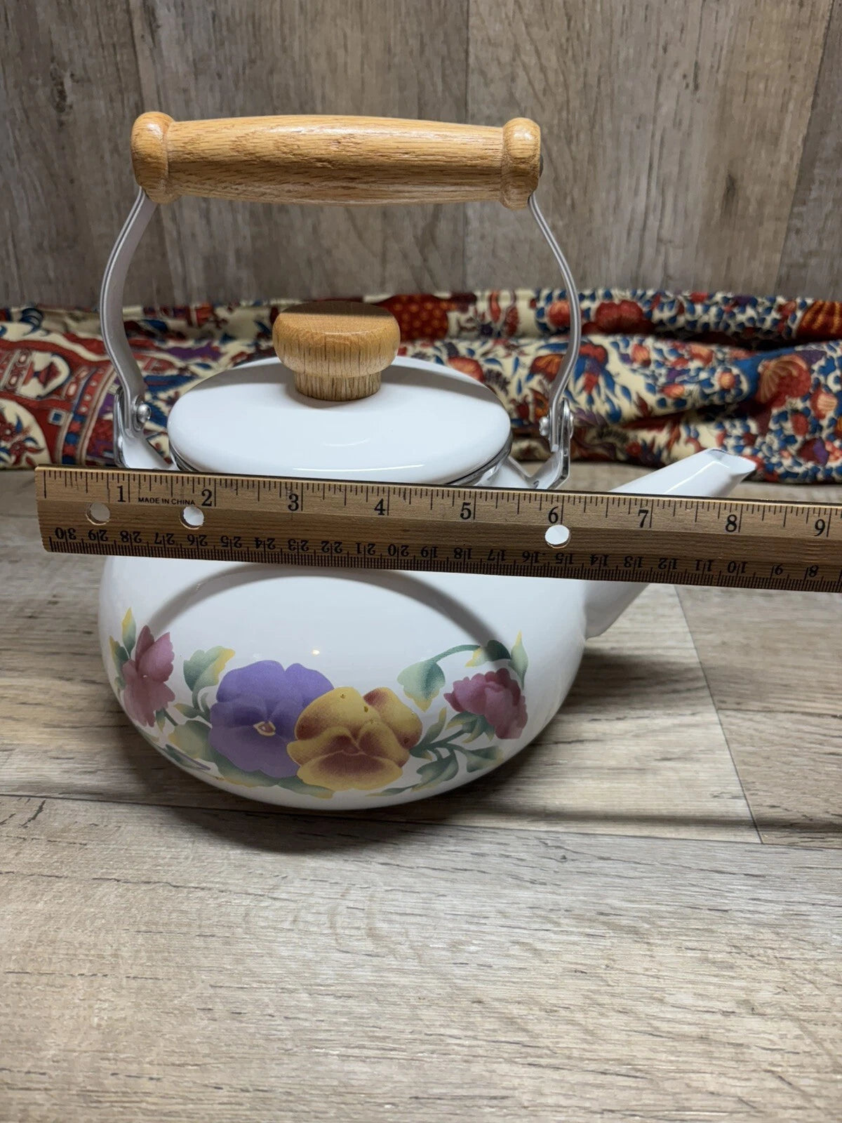 Vtg Enamel Lincoware Tea Pot / Kettle White w/ Pansy Flowers Wood Handles | eBay