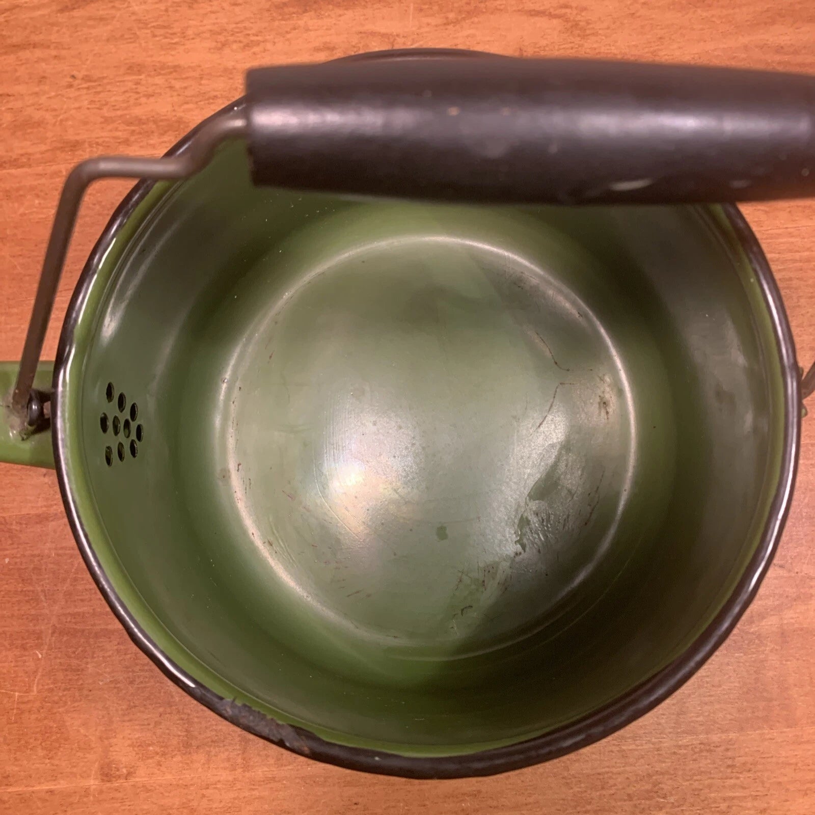 Vintage Farmhouse Enamelware Lidded TeaPot Olive w/ Black Trim, Wood Handle | eBay