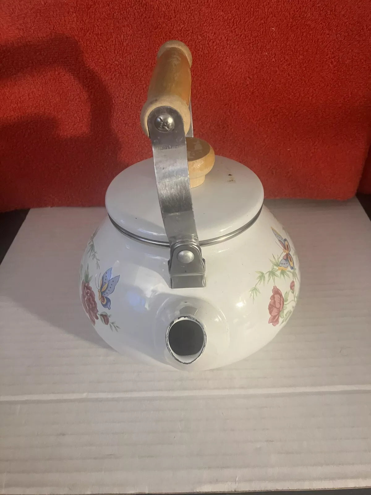 VTG Enamel White Tea Pot Kettle Wood Handle Spring Flowers & Butterflies DWK | eBay