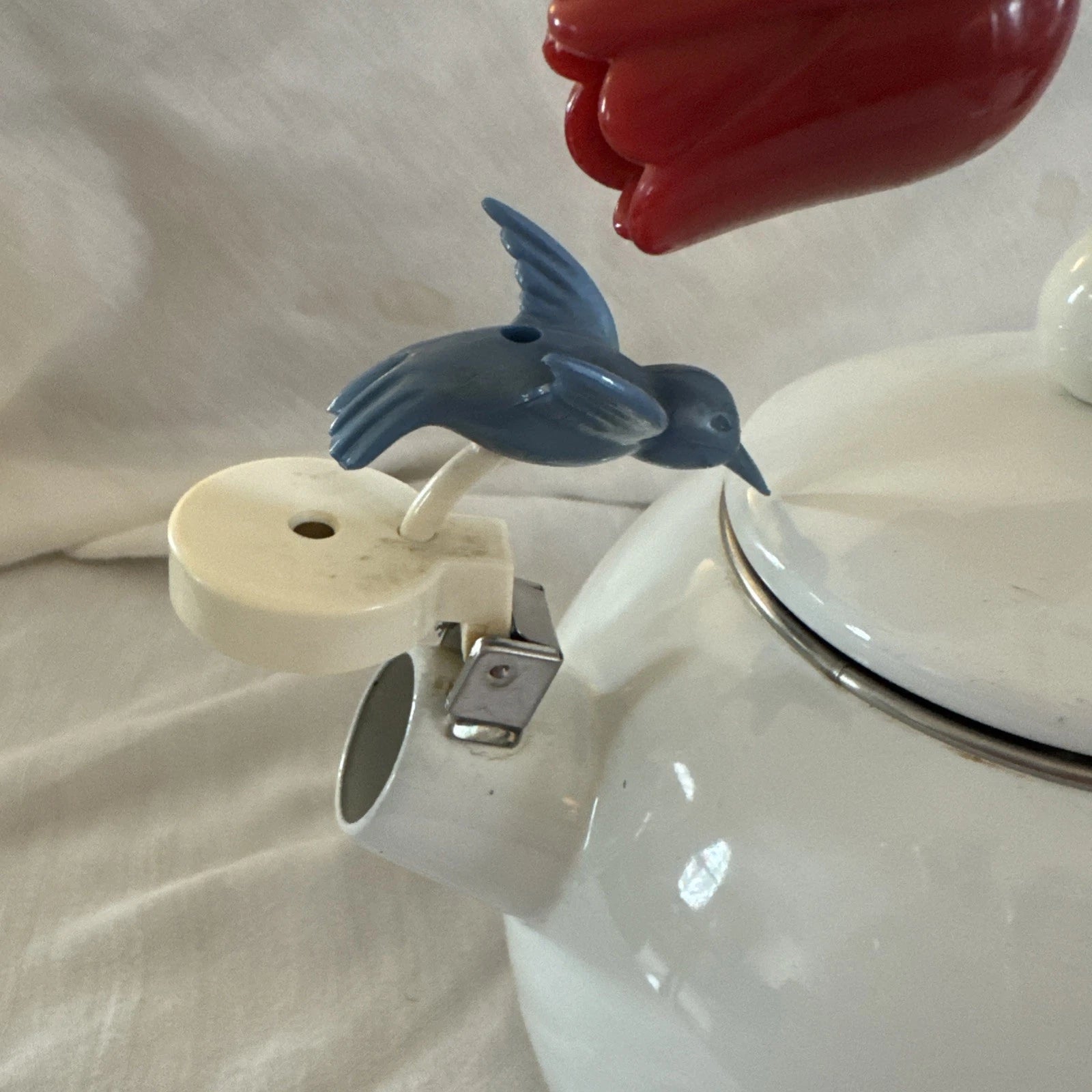 VTG Ancona White Enamel Tea Kettle Blue Hummingbird Red Tulips Teapot Whistles | eBay