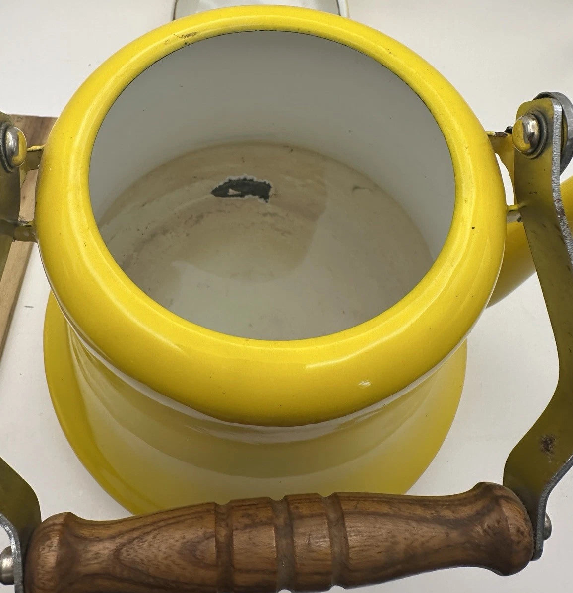 Vintage Yellow Enamel MCM Teapot With Wood Handle Has Some Patina See Pics | eBay