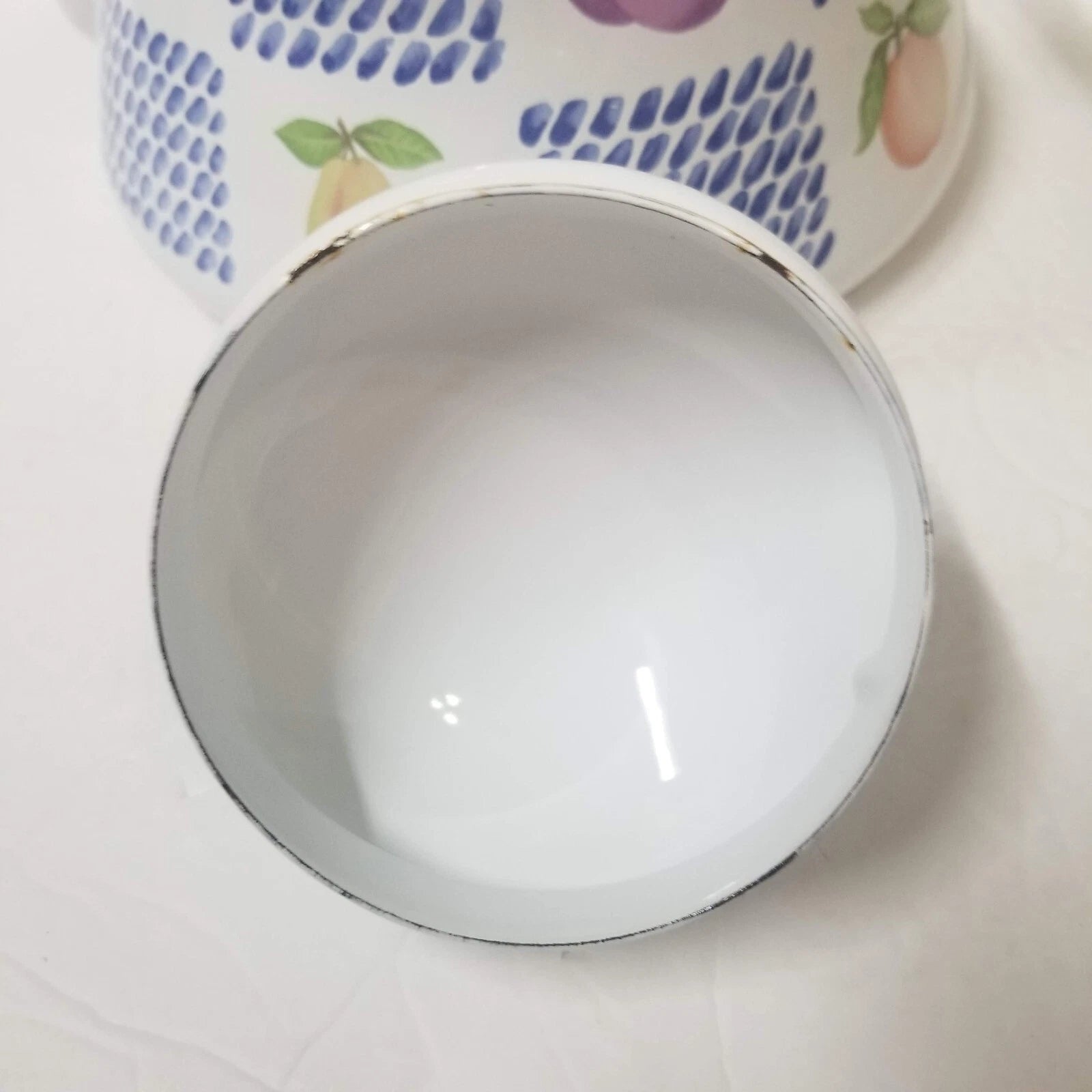 White Enamel Teapot Fruit Pear Cherries Plum Peach Blue 2 Qt Decorative Tea Pot | eBay