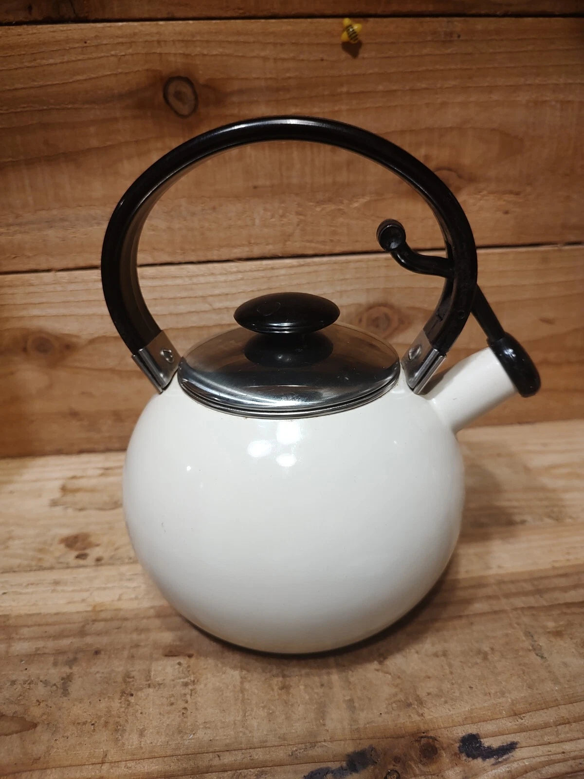 Enamel Teapot Kettle, Beige Black Handle Silver Lid | eBay