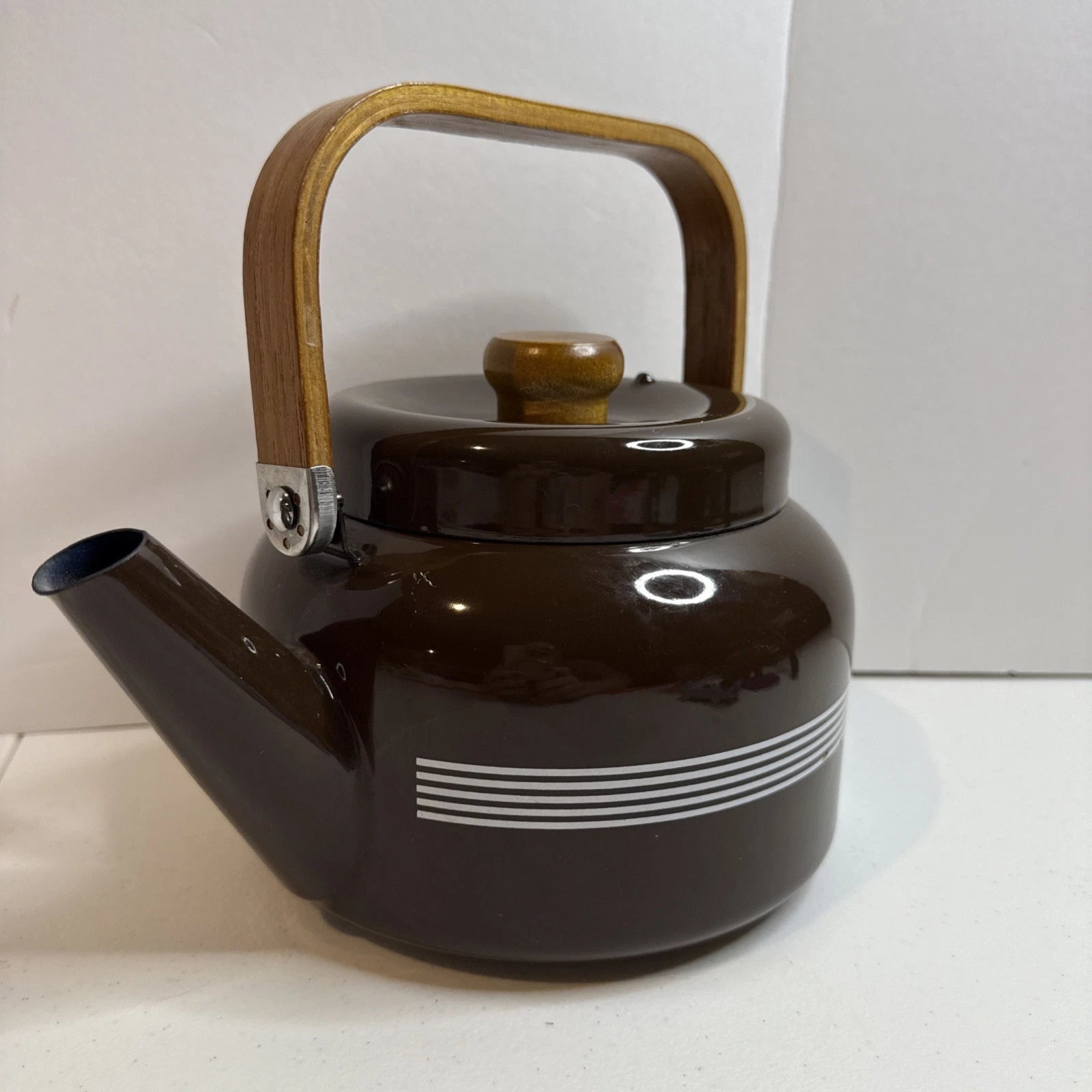 Mcm Tea Pot Brown Enamel Wood Handle Pin Stripe Very Nice Kettle | eBay