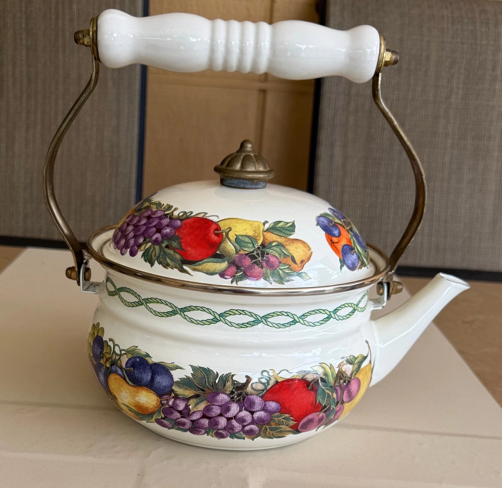 CORNUCOPIA DECORATIVE ENAMEL COATED TEA POT FRUIT DESIGN BRASS & CERAMIC HANDLE | eBay