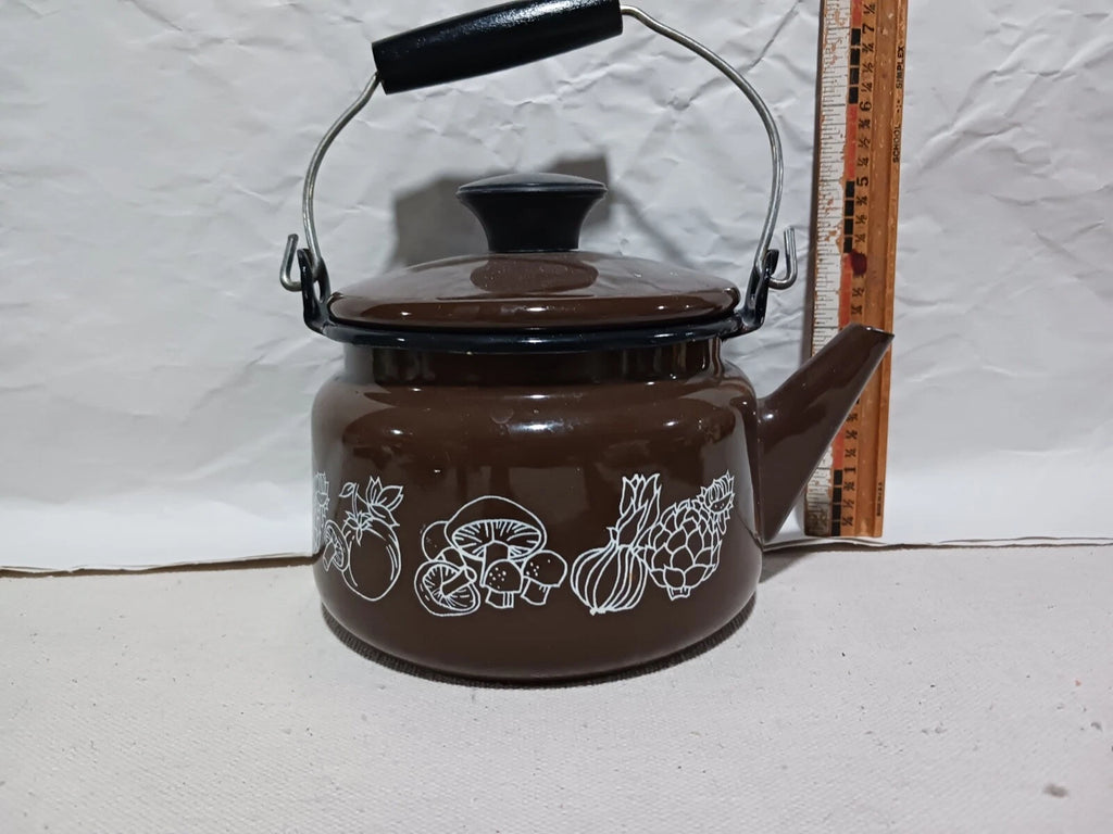 Vintage Brown Enamel Tea Pot/Kettle w/ Mushroom Vegetable Pattern | eBay