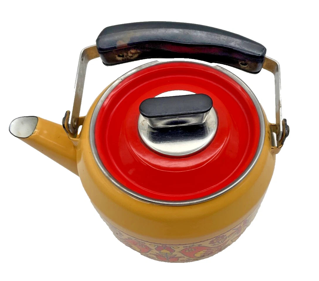Vintage Fancipans Enamelware Teapot Orange Yellow Birds Flowers RARE | eBay