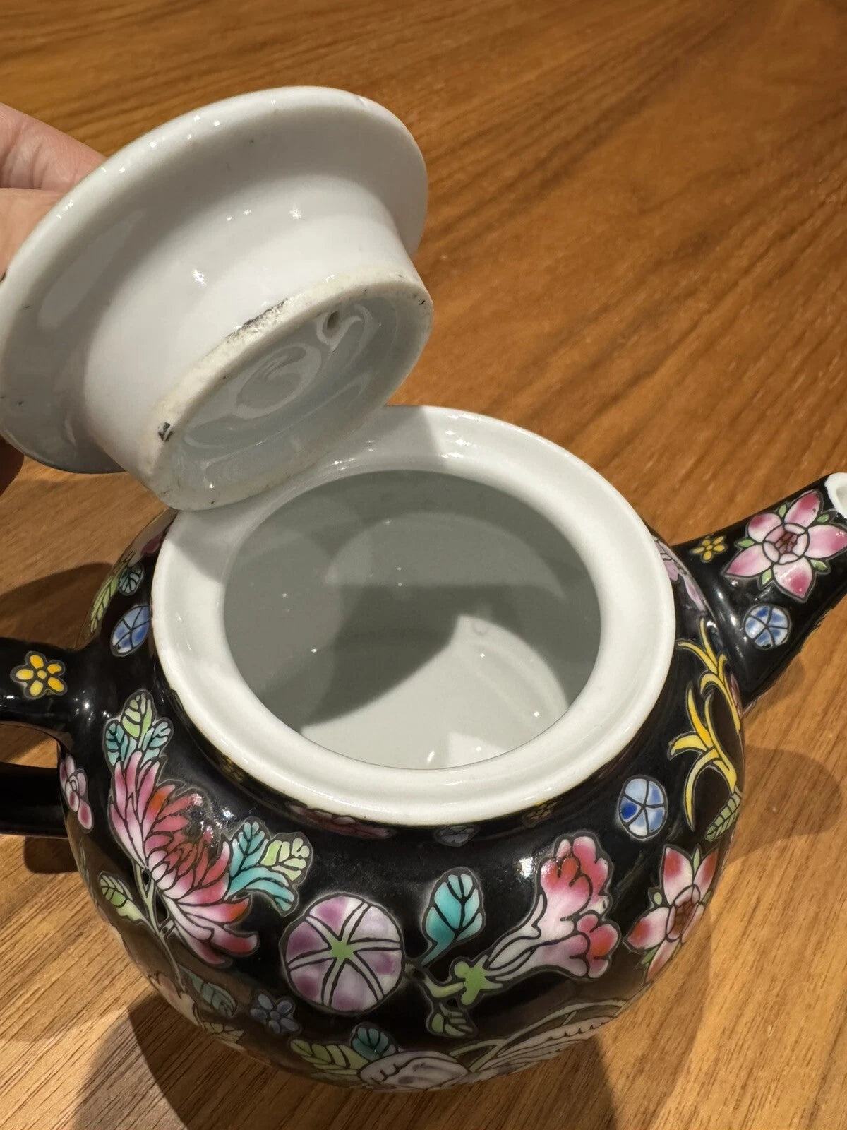 Chinese China Porcelain Tea Pot Hand Painted Floral Famille Noire Black Enamel | eBay