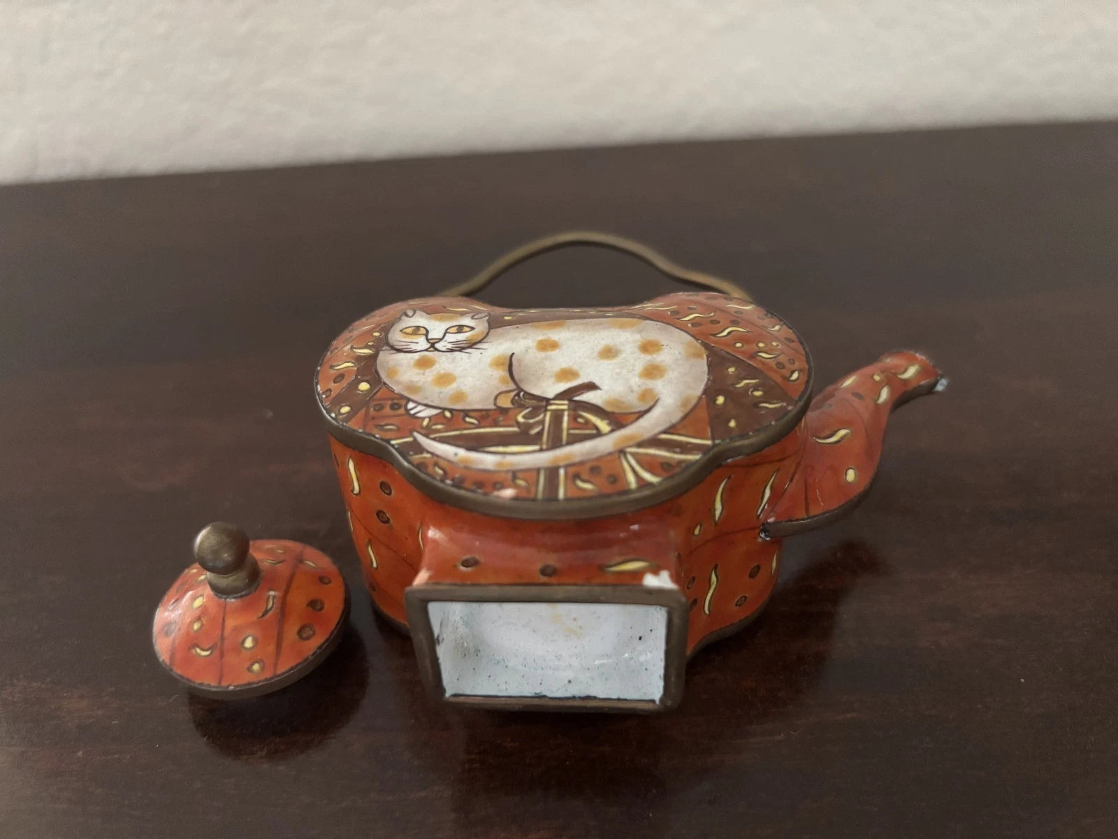 Miniature Enamel Teapot White Cat on Red Background | eBay