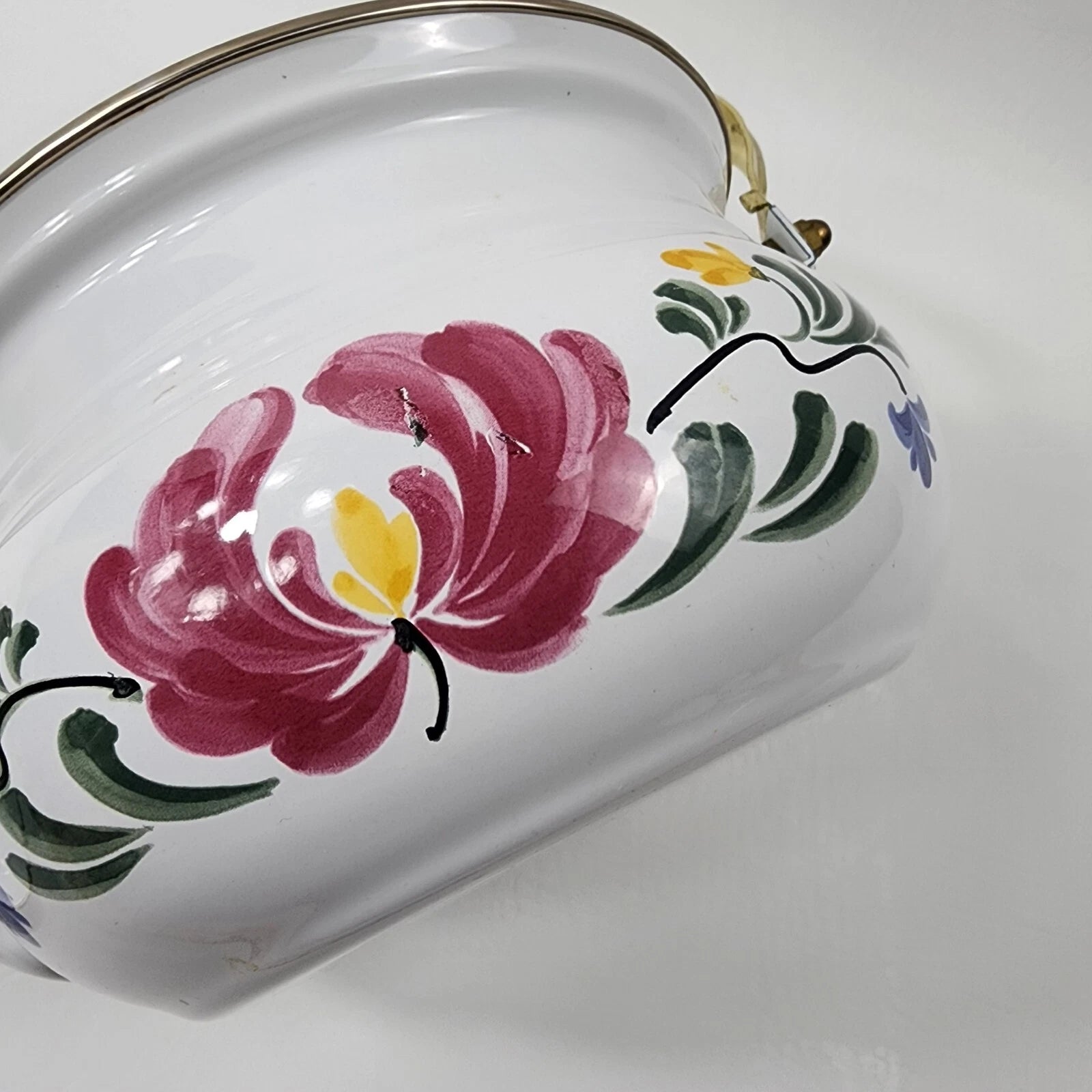 Enamel Tea Kettle Pot Metal Pennsylvania Dutch Floral Brass Knob Ceramic Handle | eBay