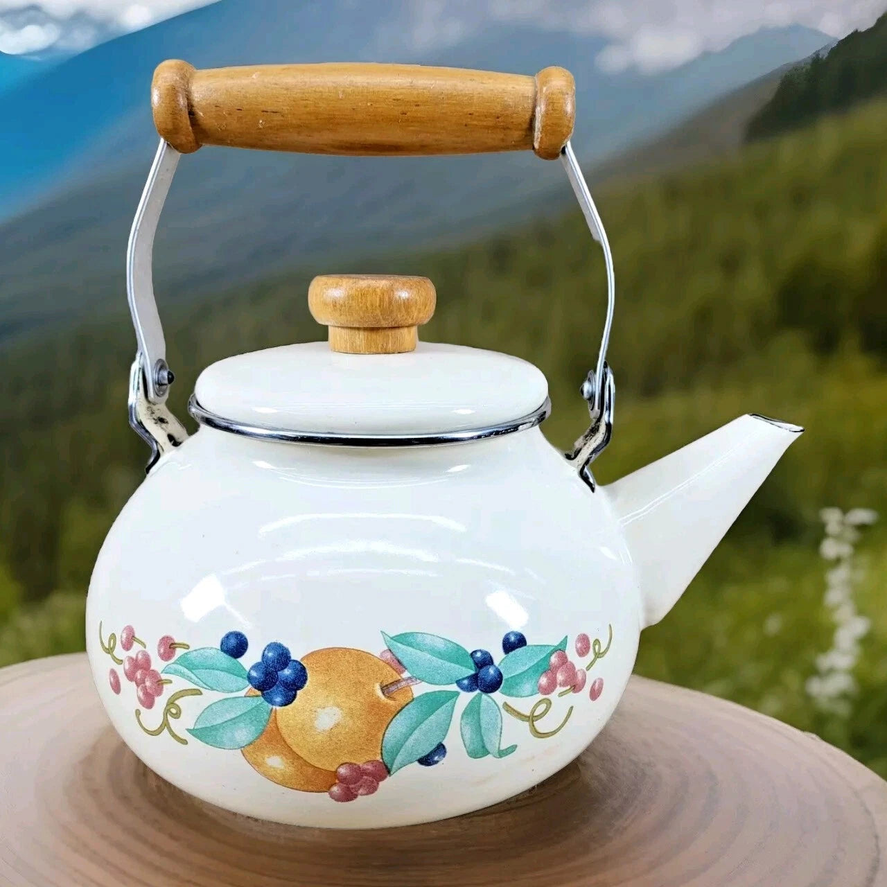 Vintage Lincoware Off White Cream Enamel Metal Fruit Motif Teapot Tea Kettle | eBay