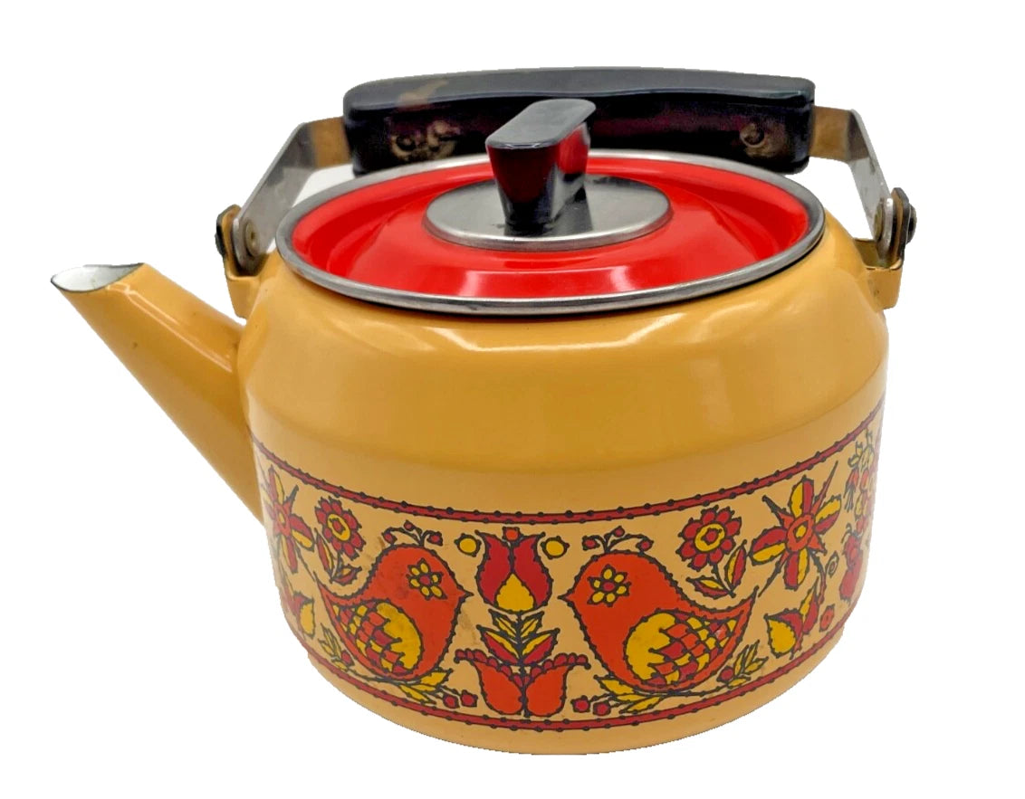 Vintage Fancipans Enamelware Teapot Orange Yellow Birds Flowers RARE | eBay