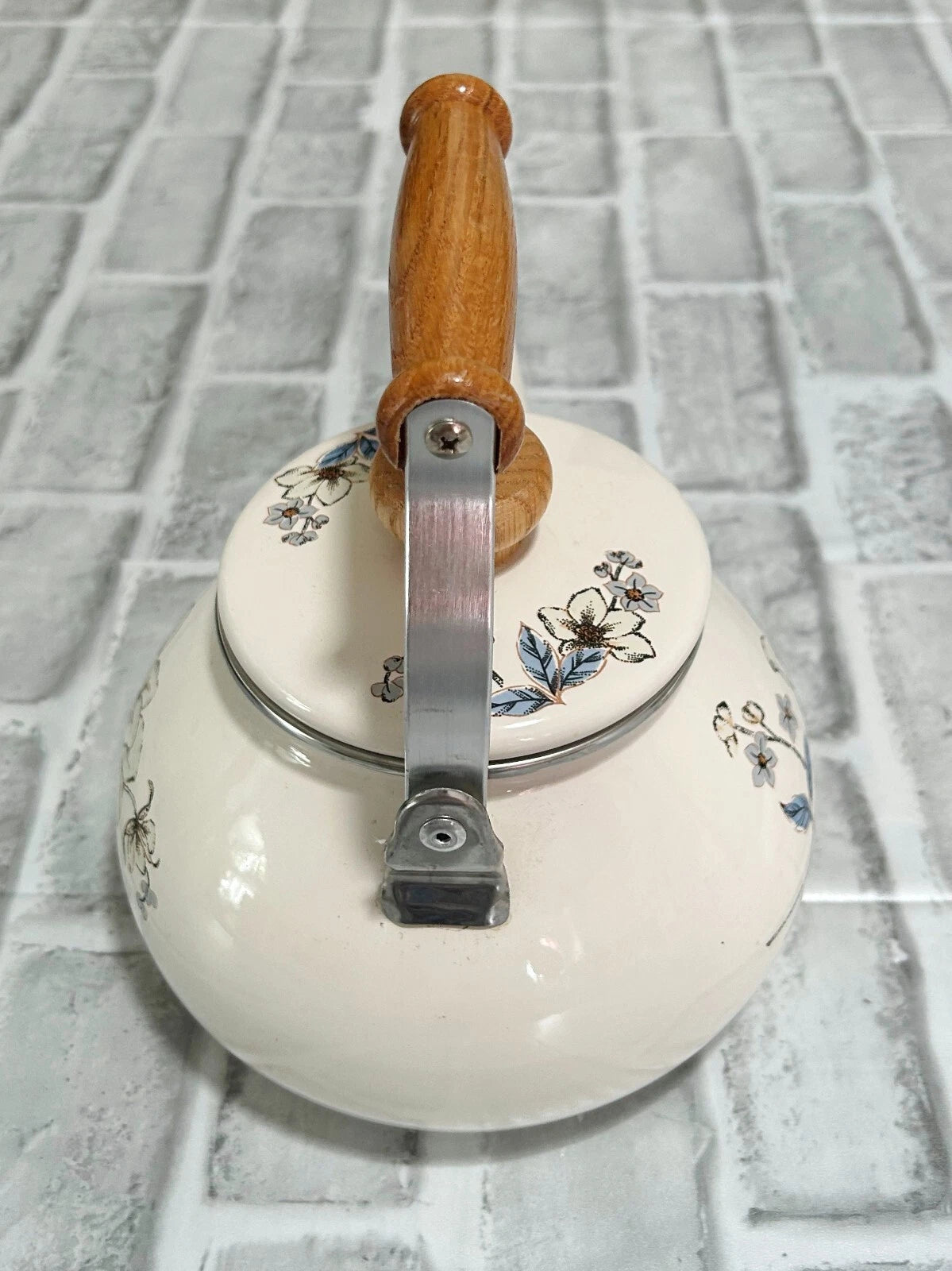 Vintage Teapot Enamel Kettle with Wooden Handle and Pot Top Floral Design | eBay