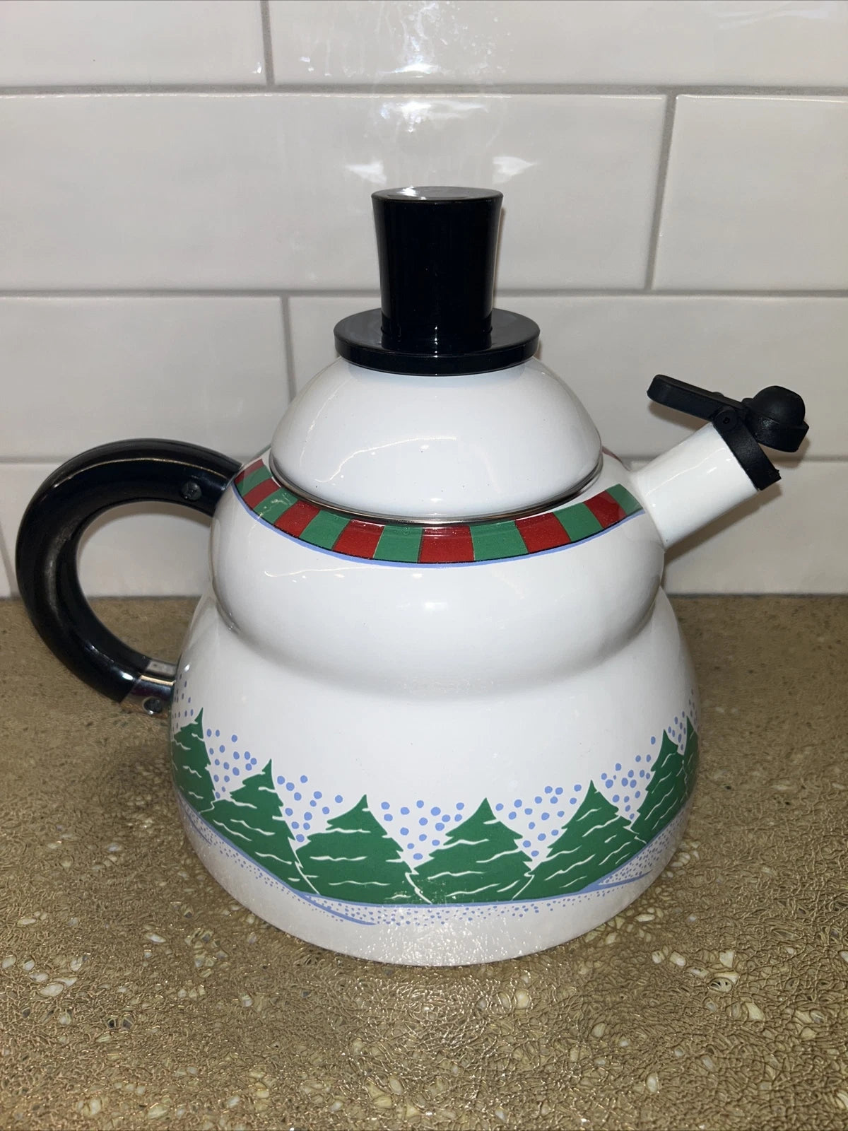 Snowman Teapot Kettle 3 QT Porcelain Enamel On Steel Vintage Roshco Christmas | eBay