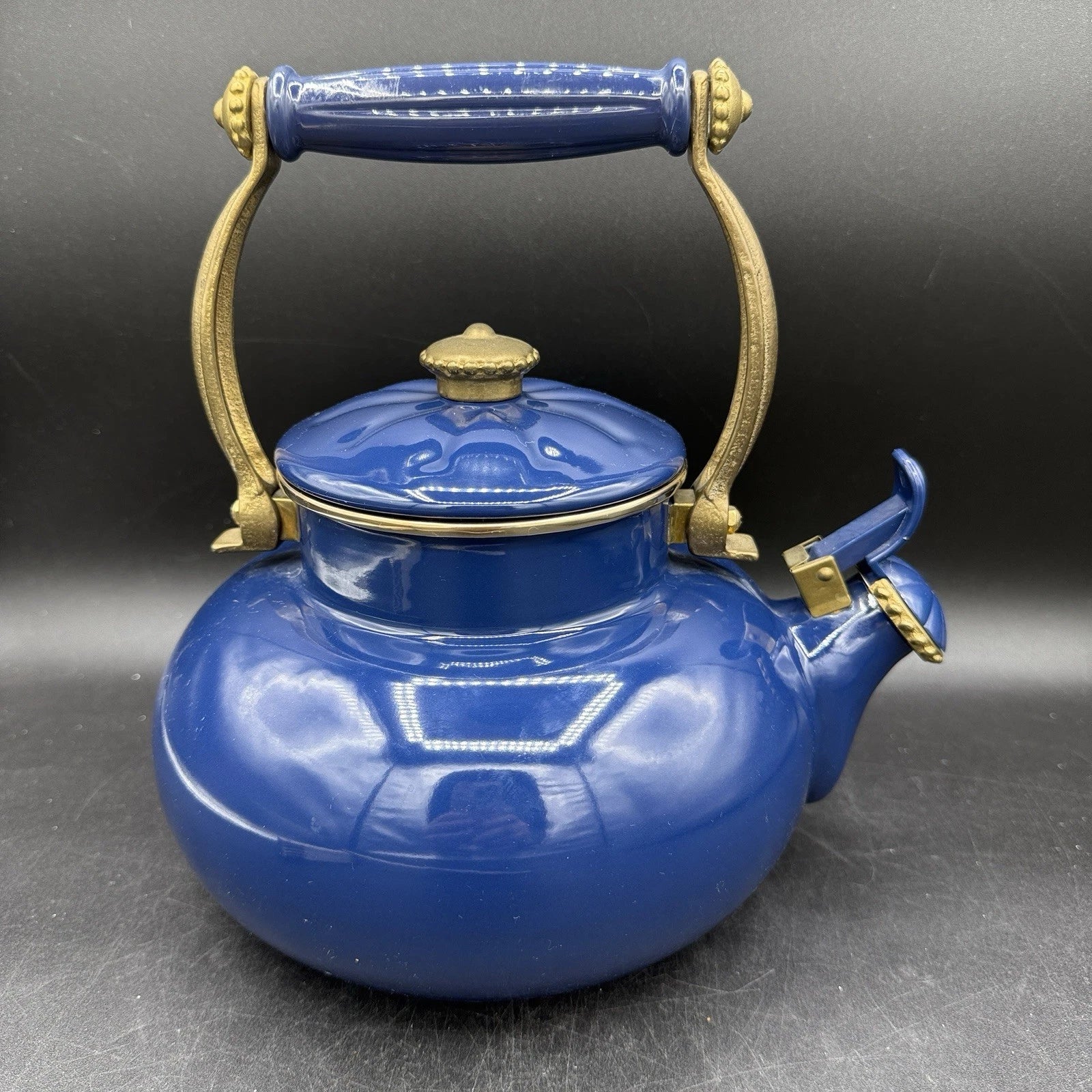 Vintage Ancona Blue Enamel Teapot Kettle with Brass Handle Accents 90s French | eBay