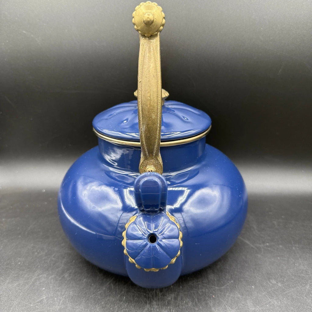 Vintage Ancona Blue Enamel Teapot Kettle with Brass Handle Accents 90s French | eBay