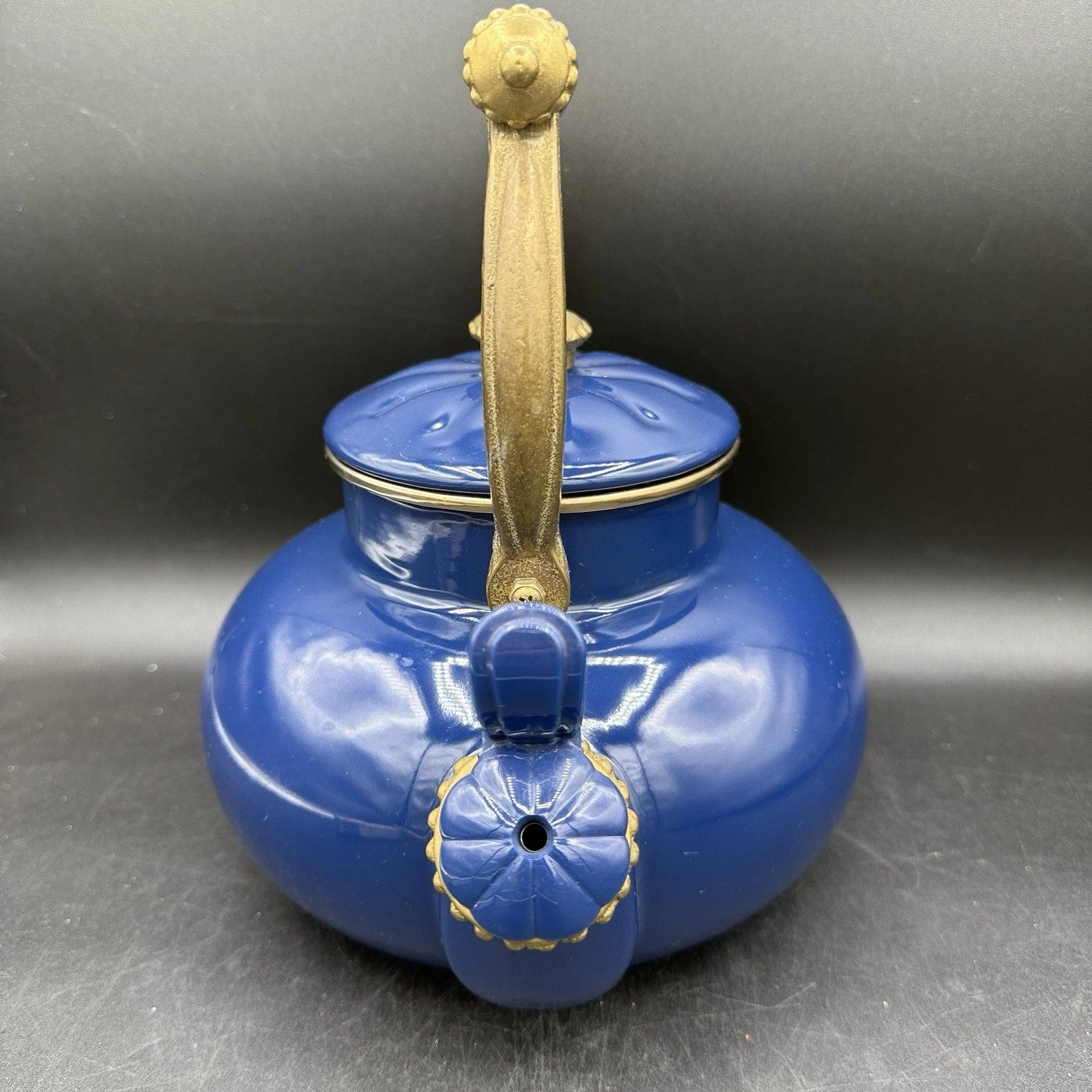Vintage Ancona Blue Enamel Teapot Kettle with Brass Handle Accents 90s French | eBay