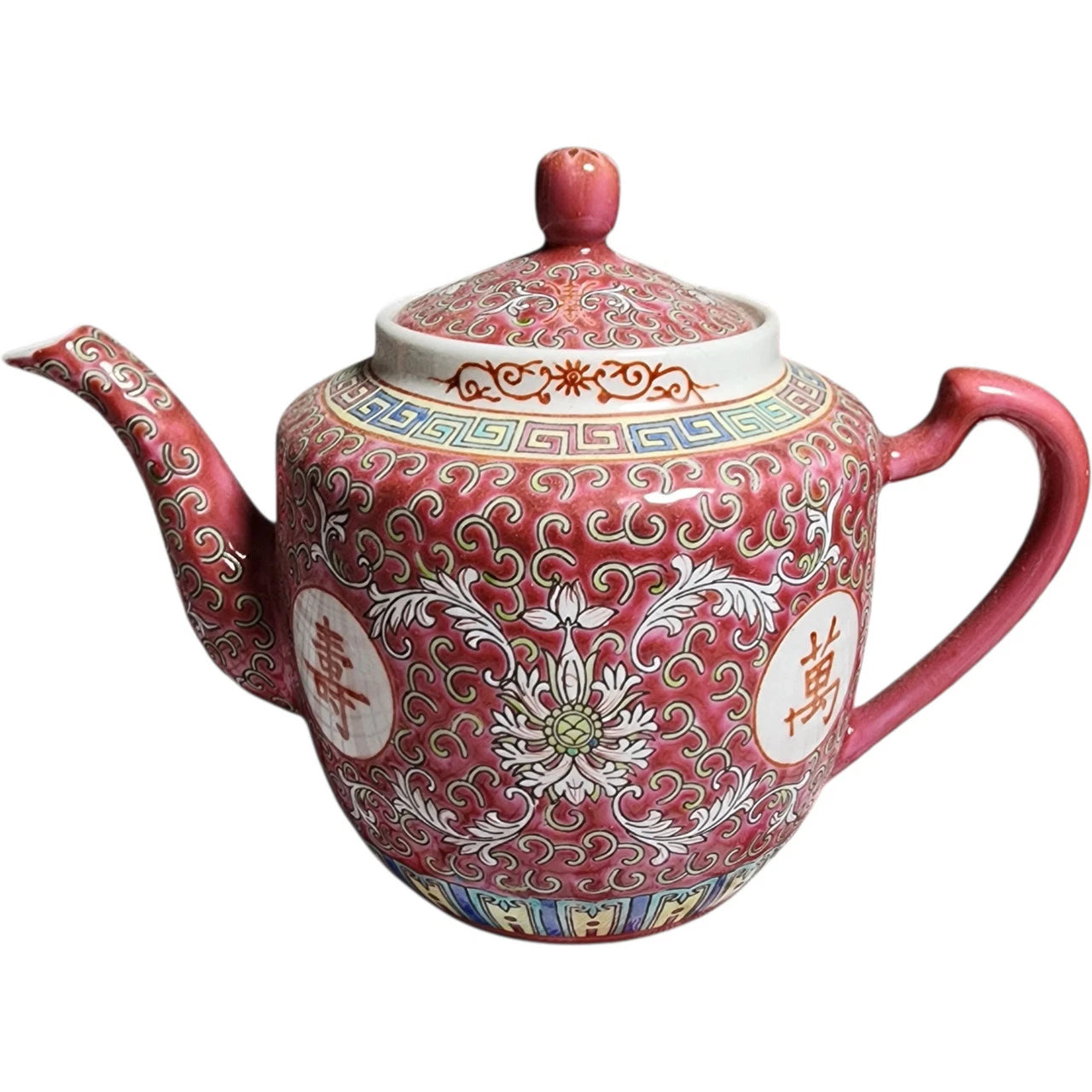 Vintage Chinese Porcelain Teapot Red & White Longevity Symbols Floral Lotus Desi | eBay