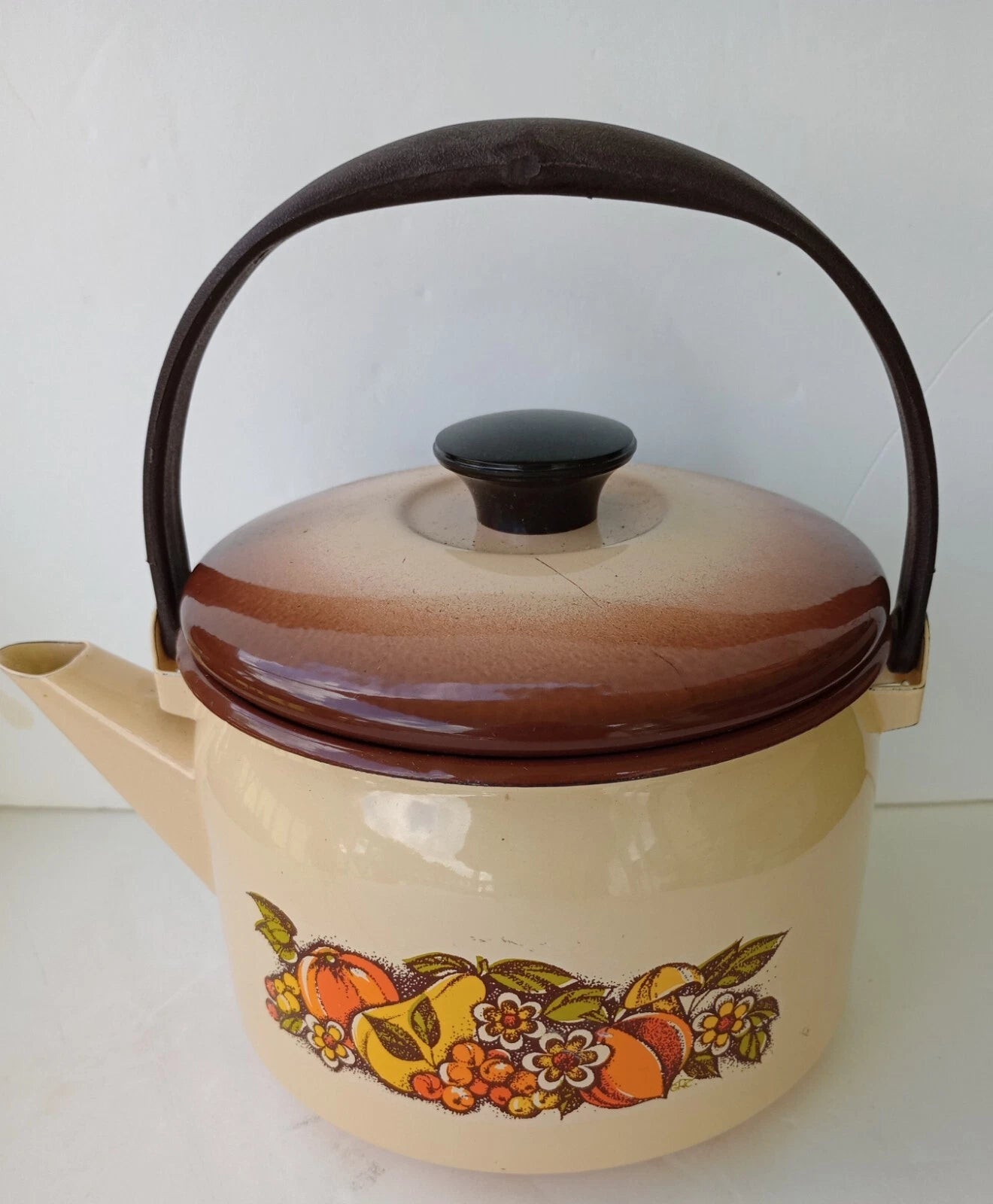 Vintage Enamel Tea Pot Fruits Mushroom Handle Retro 1970s New Condition | eBay