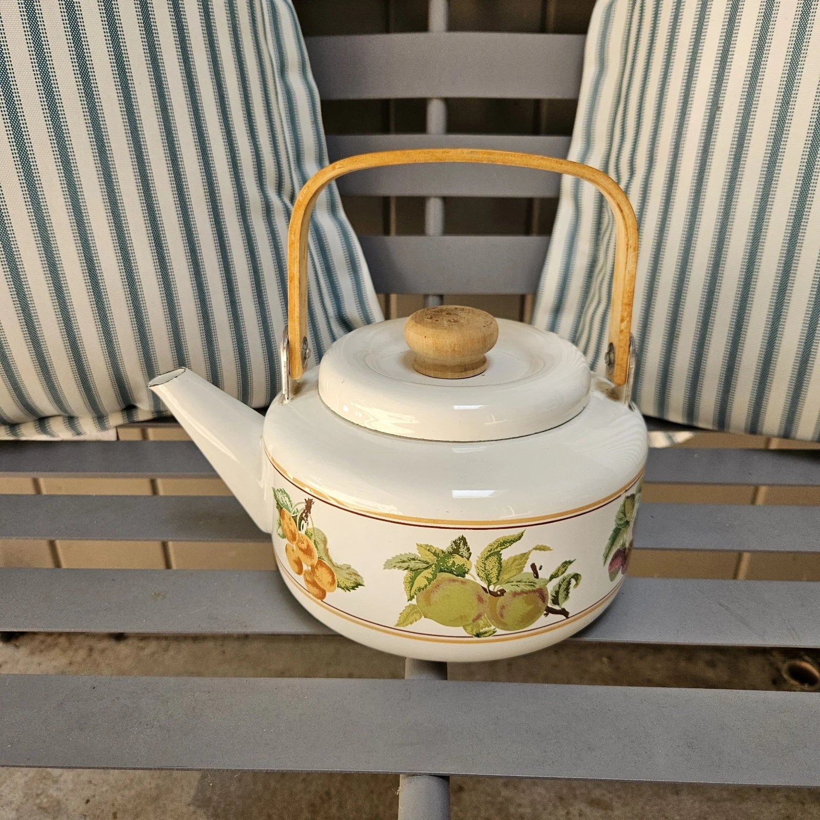 Vintage MCM Enamel Tea Kettle Teapot Bamboo Handle Fruit Print Cream Color NICE! | eBay