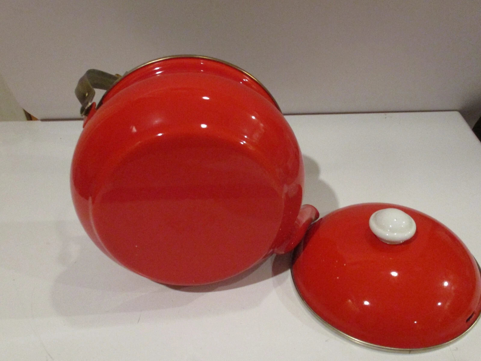 Vintage Bright Red Enamel Tea Pot Kettle w White Wooden Handle Brass fittings | eBay