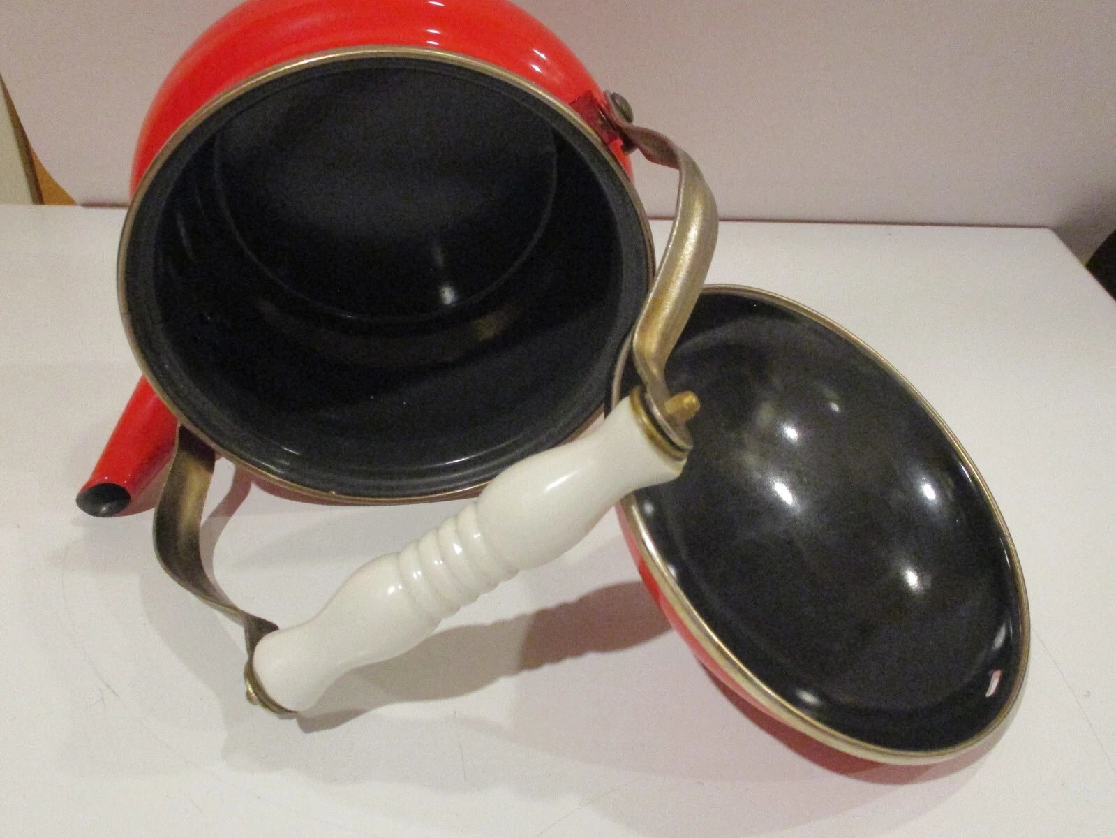 Vintage Bright Red Enamel Tea Pot Kettle w White Wooden Handle Brass fittings | eBay