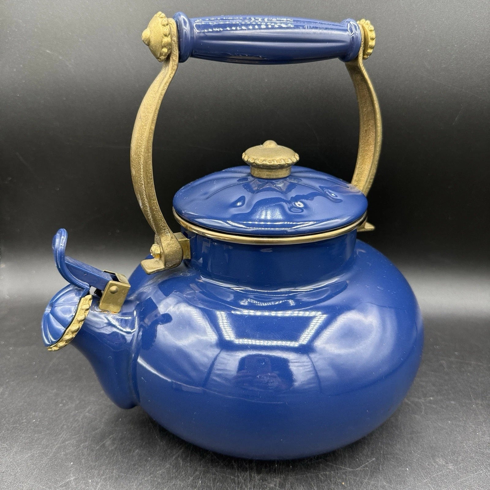 Vintage Ancona Blue Enamel Teapot Kettle with Brass Handle Accents 90s French | eBay